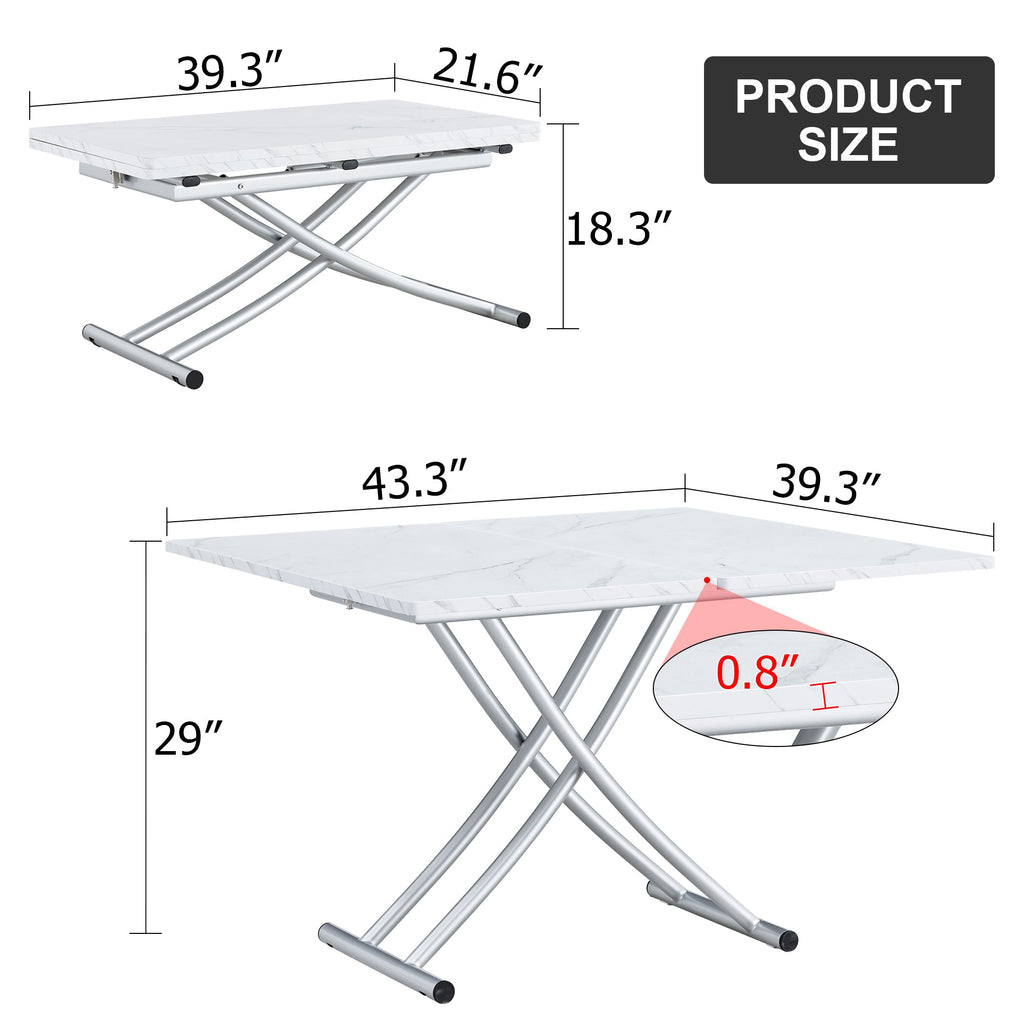 Modern minimalist multifunctional lift table with 0.8 inch MDF desktop and silver metal legs, can be used as a dressing table, coffee table, dining table, and office table
