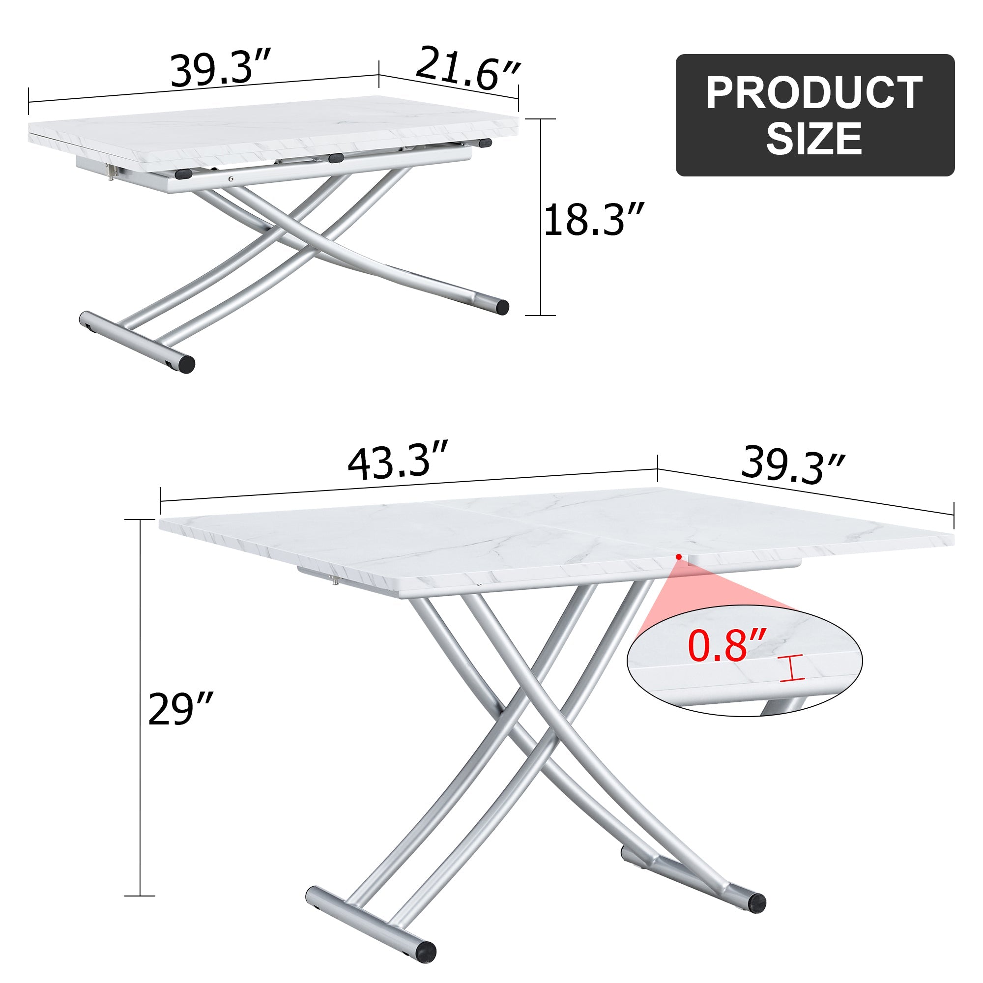 Modern minimalist multifunctional lift table with 0.8 inch MDF desktop and silver metal legs, can be used as a dressing table, coffee table, dining table, and office table