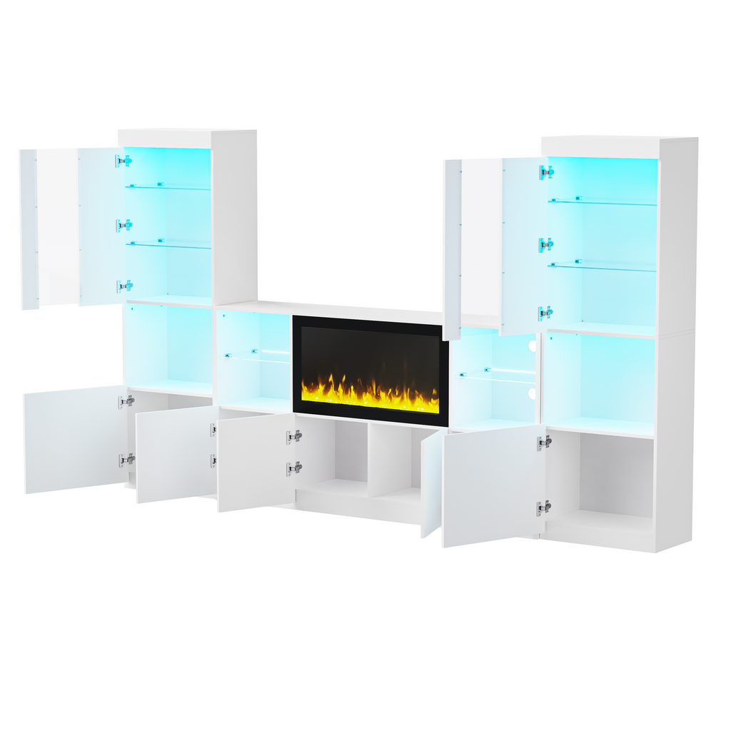 ON-TREND Modern TV Stand with 34.2' Non-heating Electric Fireplace, High Gloss Entertainment Center with LED Lights, Media Console with Tempered Glass Shelves for TVs up to 75', White