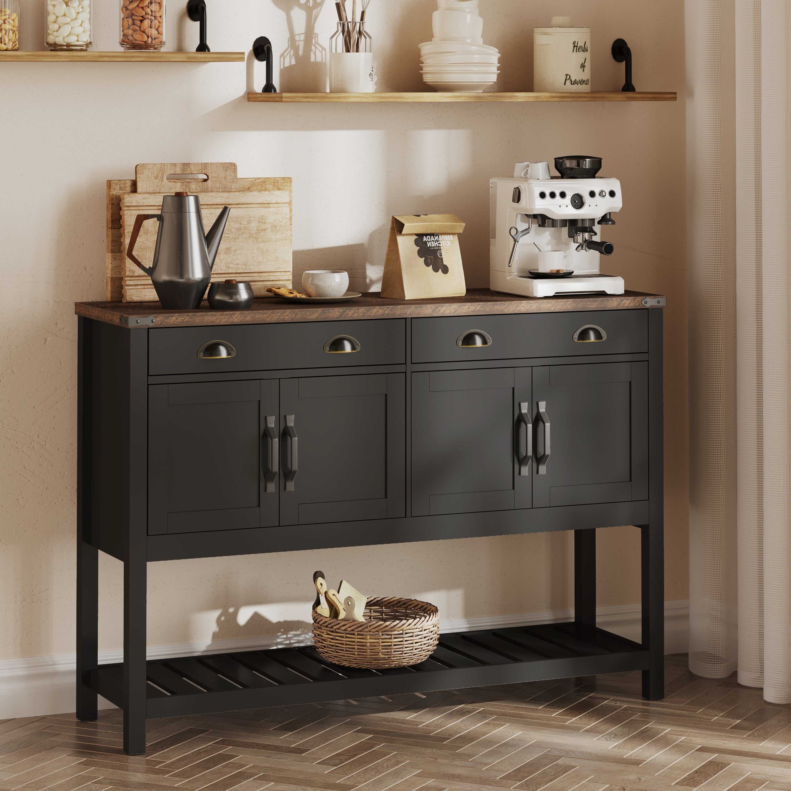 47'' Modern Farmhouse Console Storage Table – Two Drawers,Four-Door Cabinet with Slatted Display Shelf