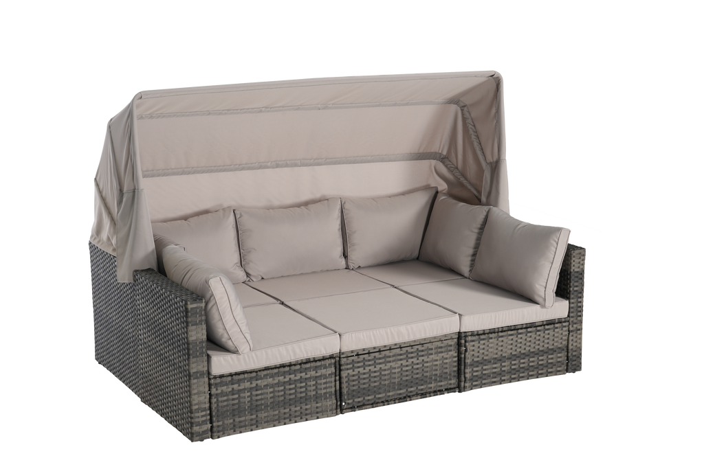 5 Pieces Outdoor Patio Wicker Daybed Furniture Set with Retractable Canopy, Storable Side Table, and Soft Cushions for Relaxing in Your Backyard or Porch