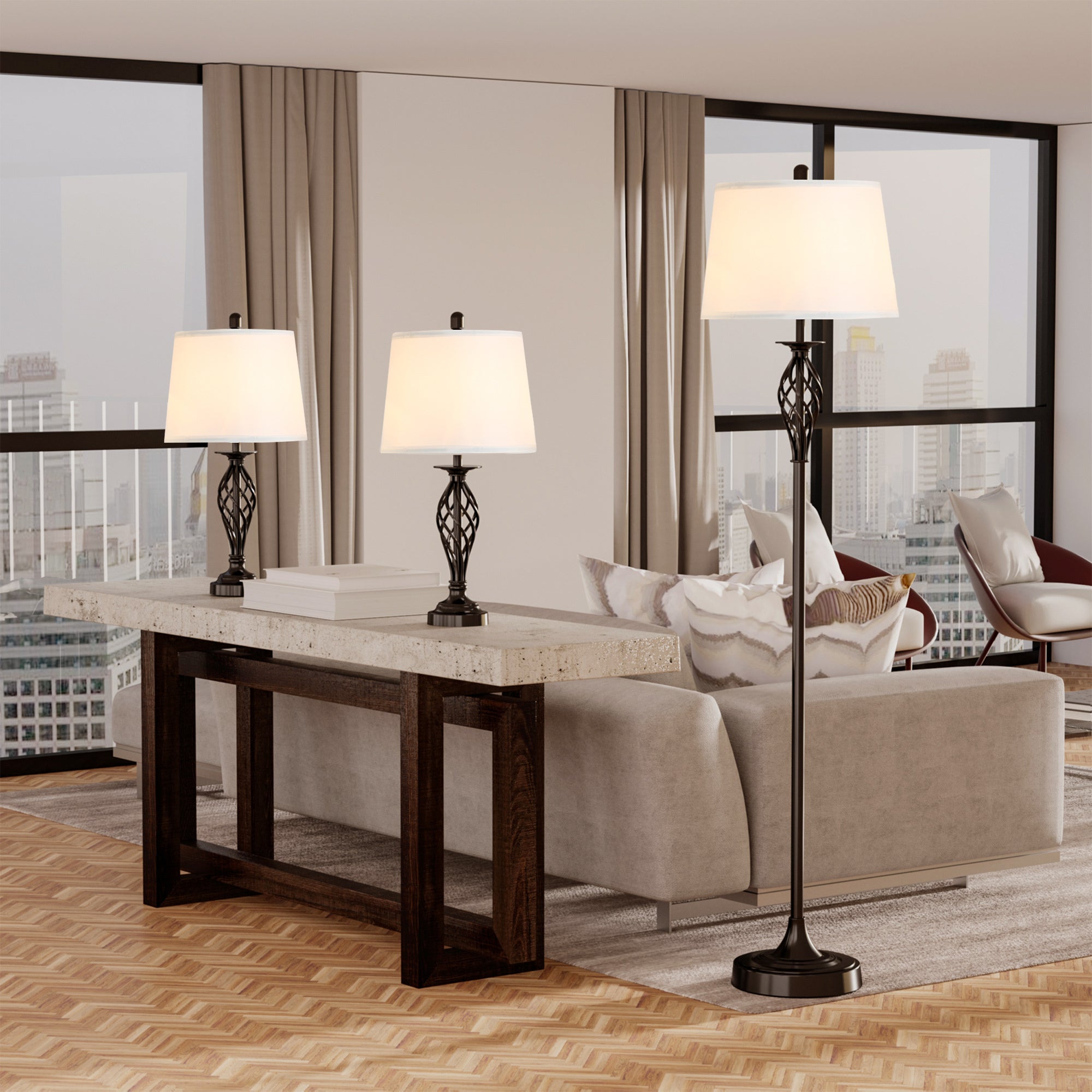 HOMCOM 3 Piece Table Floor Lamp Set with Metal Pole, Round Base, and Fabric Lampshade, for Living Room, Black/White