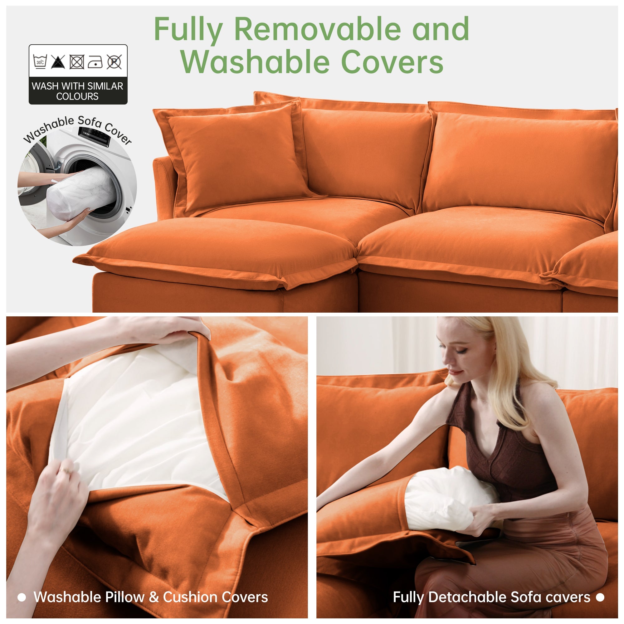 Slipcovered U Shape Sectional Deep Seat Sofa Couch, 3 Seater Sofa with French Edges Design Multiple Big Pillows, Modular Deep Seat Sectional Sofa Comfy Cloud Couch for Living Room, Apartment,Chenille