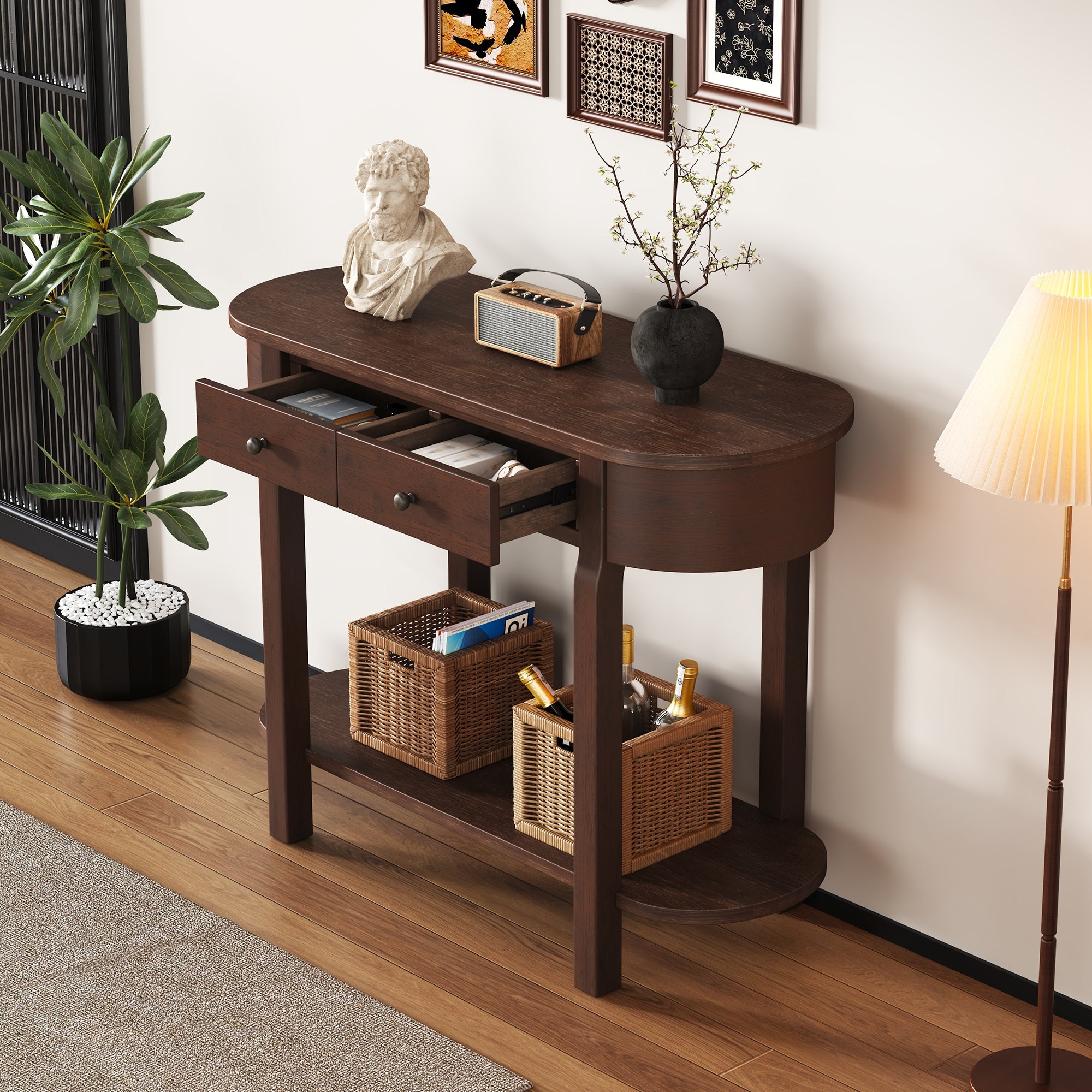 TREXM Elegant Retro Console Table with Curved Design and Smooth Glaze for Entryways, Living Rooms and hallways (Espresso)