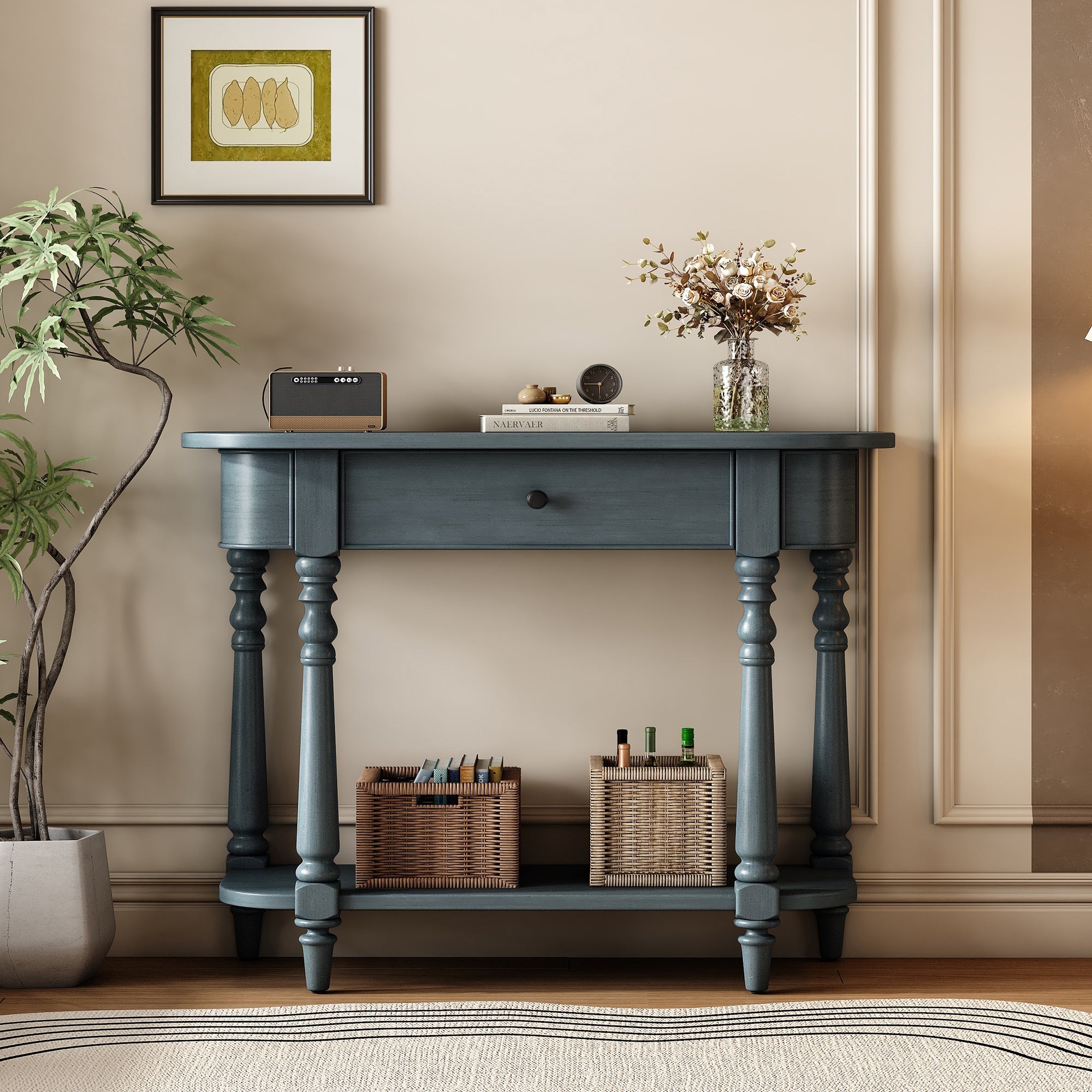TREXM Narrow Console Table with Curved Corner, Retro Entryway Table with Top Drawer and Open Shelf, Sofa Table Console Tables for Entryway, Hallway and Living Room (Navy)