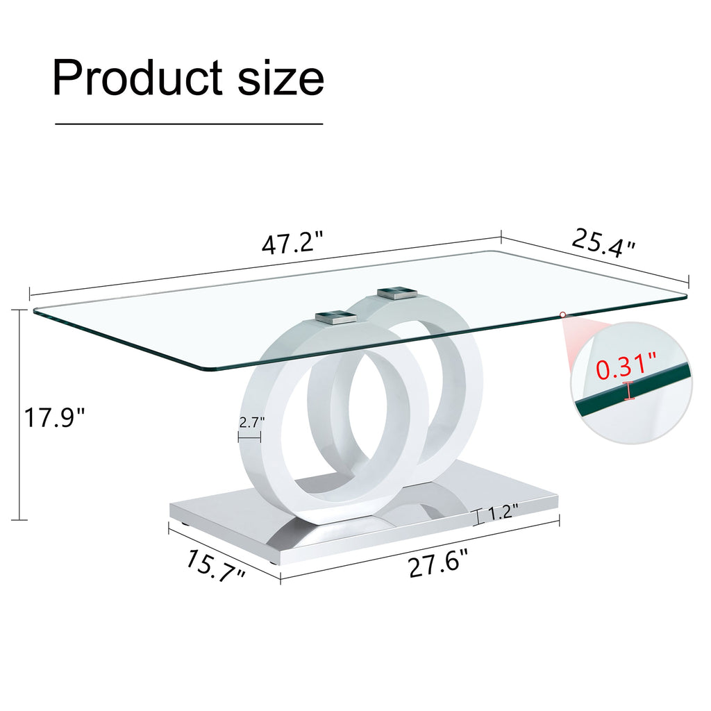 Rectangular modern and fashionable coffee table with tempered glass tabletop and white legs. Suitable for living room.47.2"*25.4"*17.9"