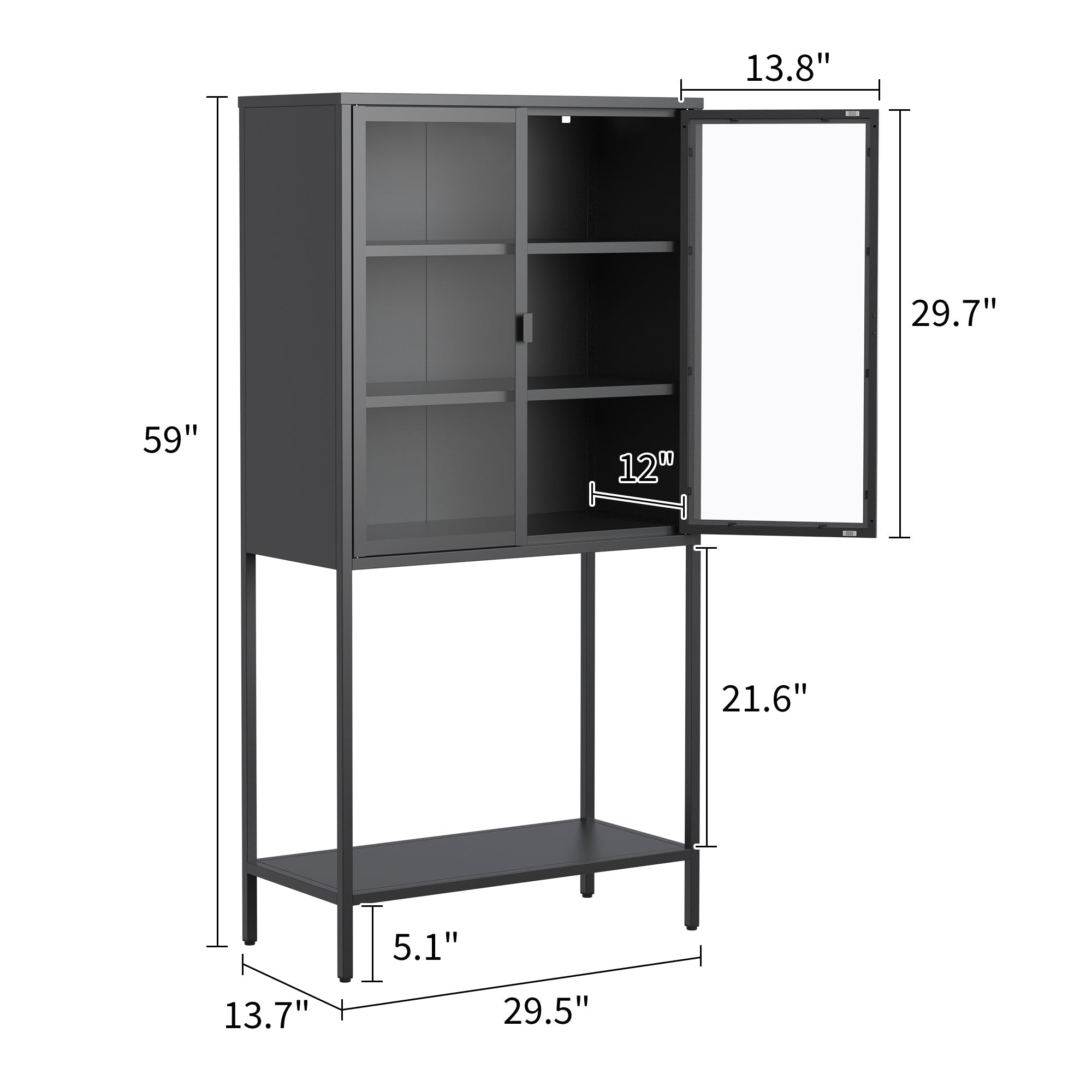 59"H Heavy Duty Metal Storage Cabinet,Sideboards & Buffet,Display Storage Cabinet with Glass Doors and 2 Adjustable Shelves, Tall Bookcase Modern Bookshelf Cabinet for Home Office, Living Room
