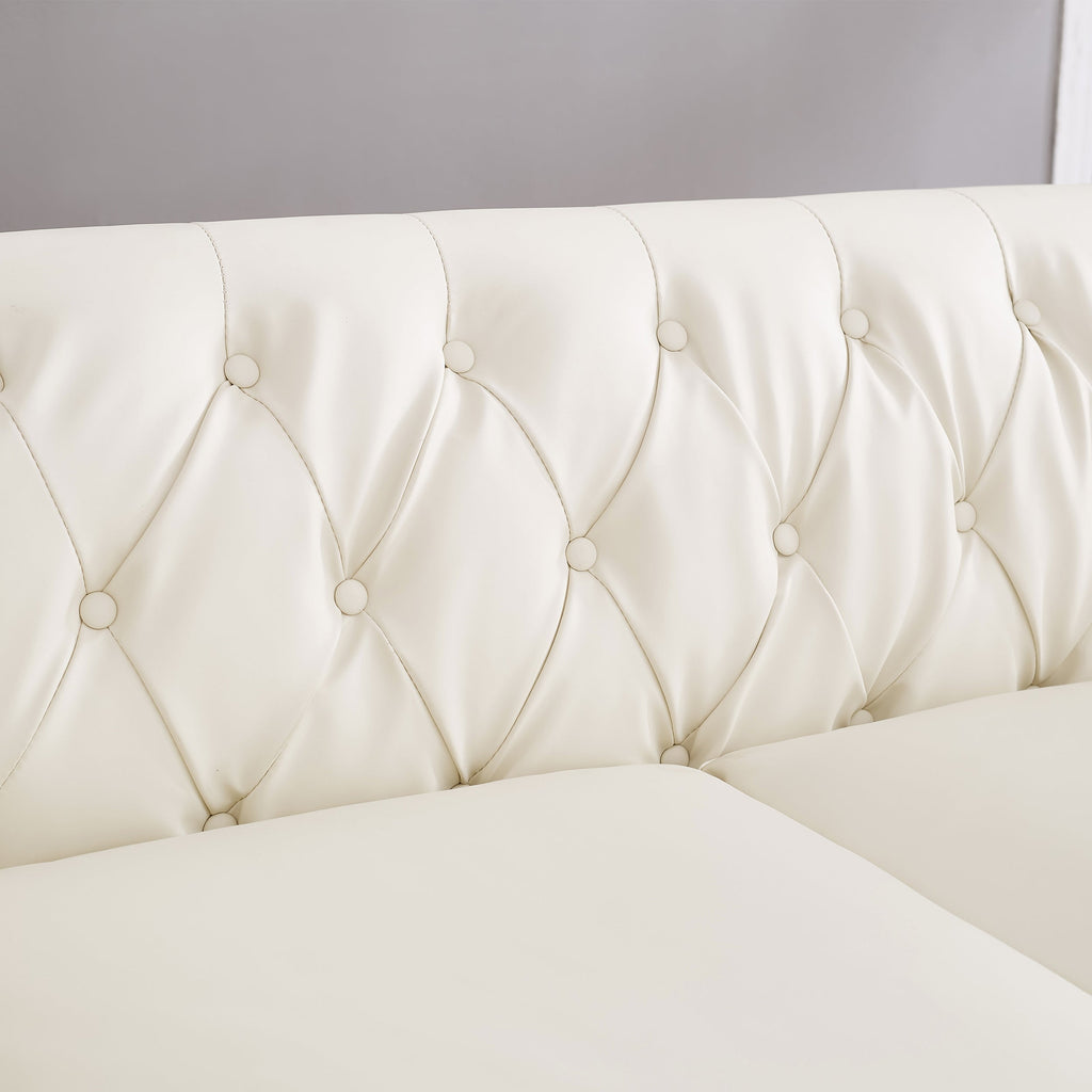 85.8' Living Room Chesterfield Sofa Classic Tufted Design Faux Leather PU Upholstered Sofa with Storage (Ivory)