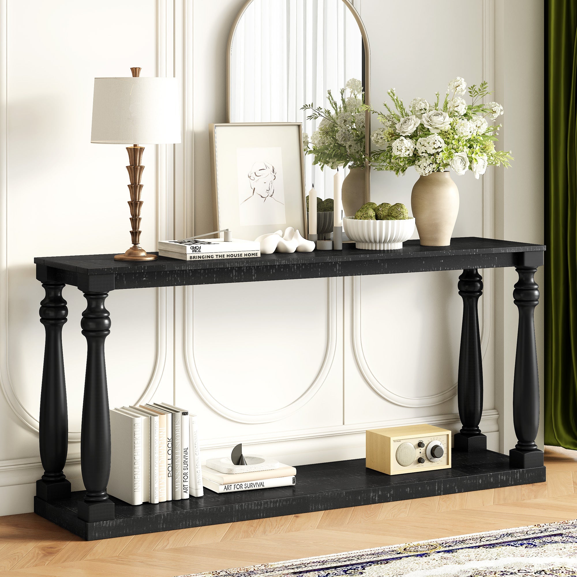 U_STYLE Vintage Wood Grain Console Table with Bottom Shelf and Four Vase Legs, Suitable for Entryway, Hallway, Living Room, Bedroom
