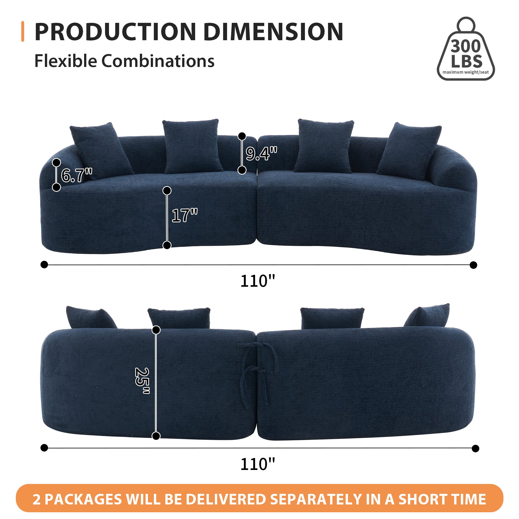 Compression Sponge Sofa Blue Curved Modular Sectional, 30D High-Density Chenille Sleeper Couch for Apartment, Living Room,110'L