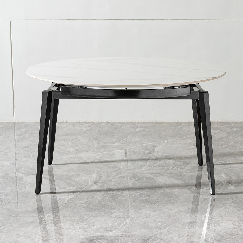 Modern Extendable Round Dining Table with Sintered Stone Top, White & Black, 33.5'' to 51.2''