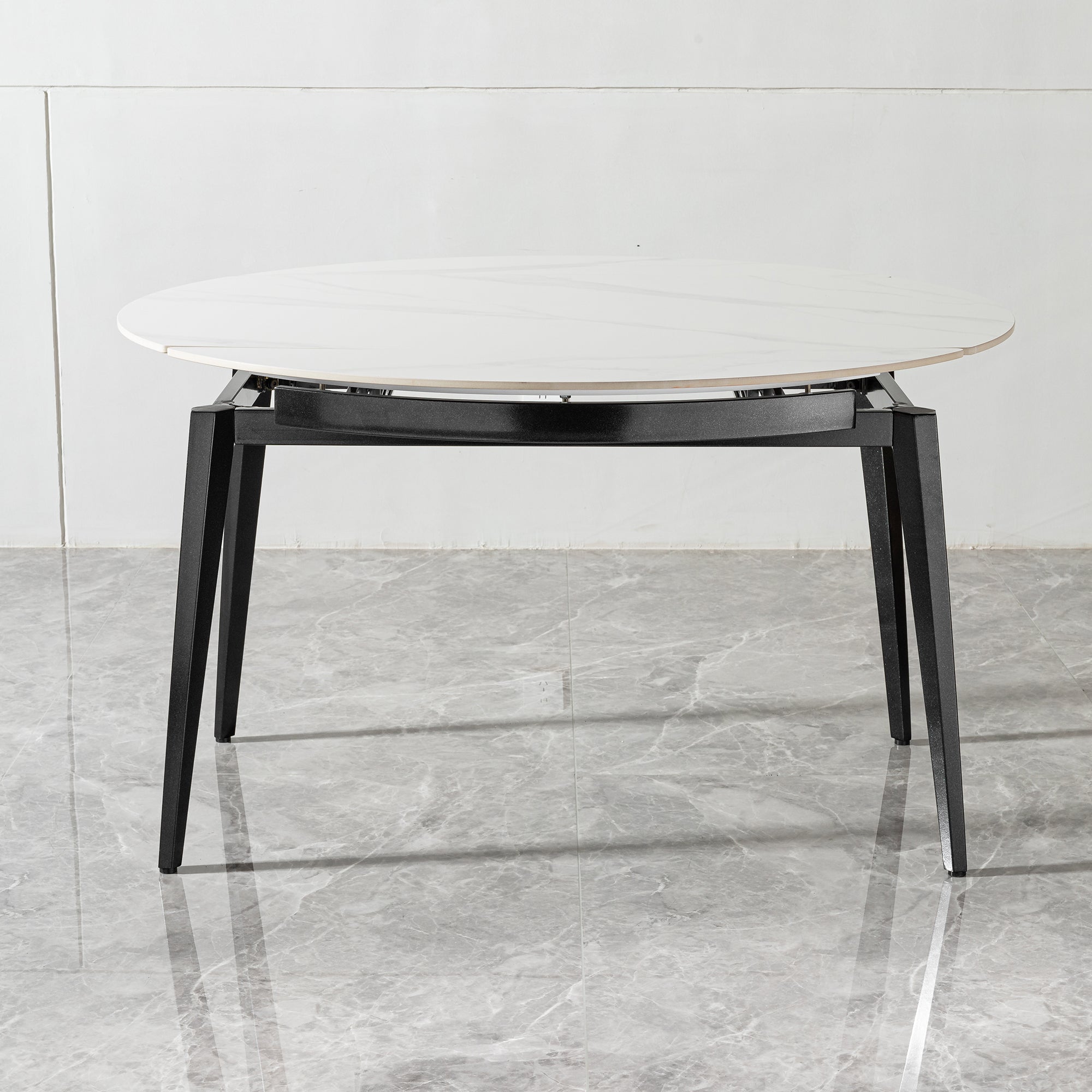 Modern Extendable Round Dining Table with Sintered Stone Top, White & Black, 33.5'' to 51.2''