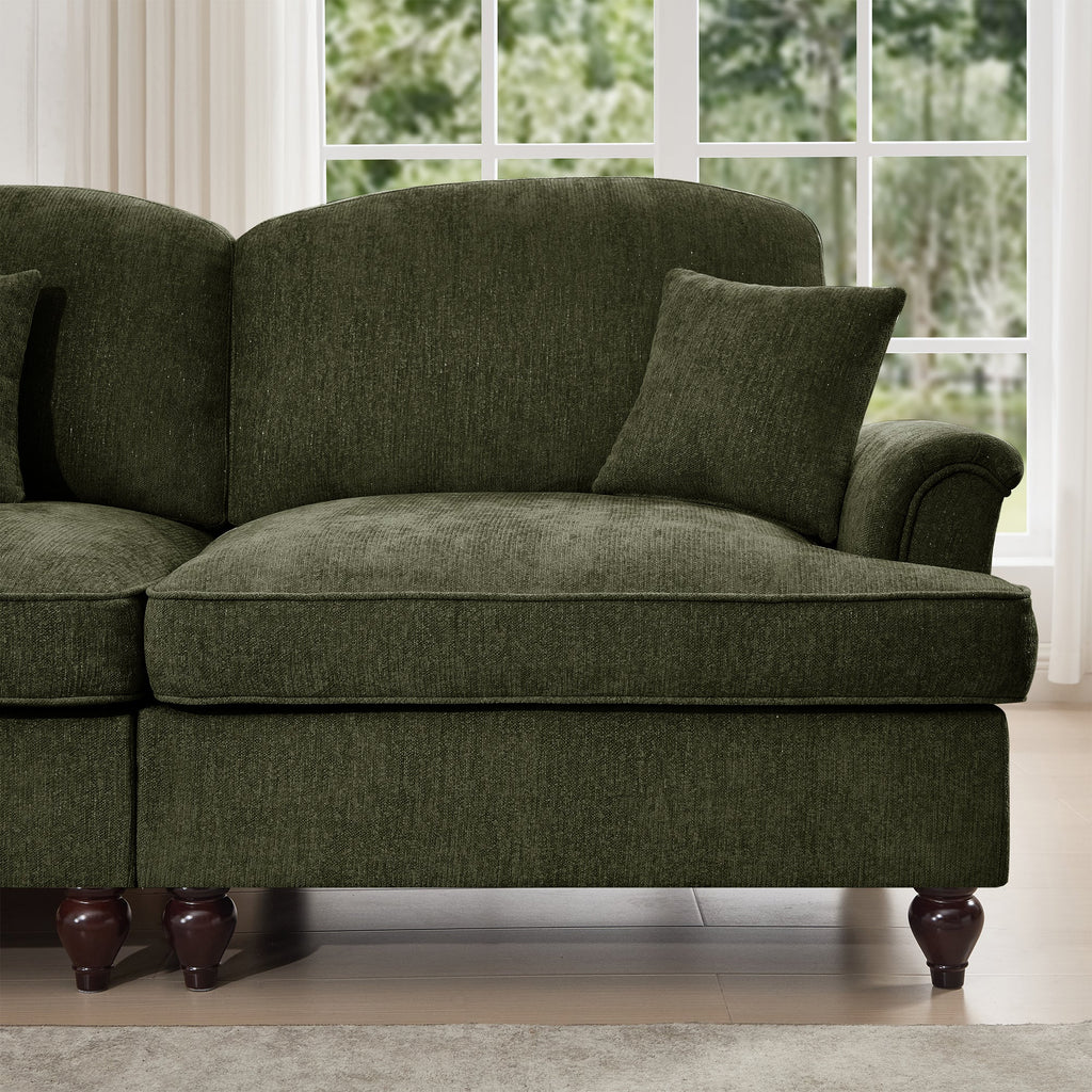 Classic Comfy Modular U Shape Sectional Sofa Couch with Flared Arms and Removable Ruffles Pleats Skirts and Spindle Legs, Upholstered Chenille Deep Seat Cloud Sofa with Movable Ottomans,Green