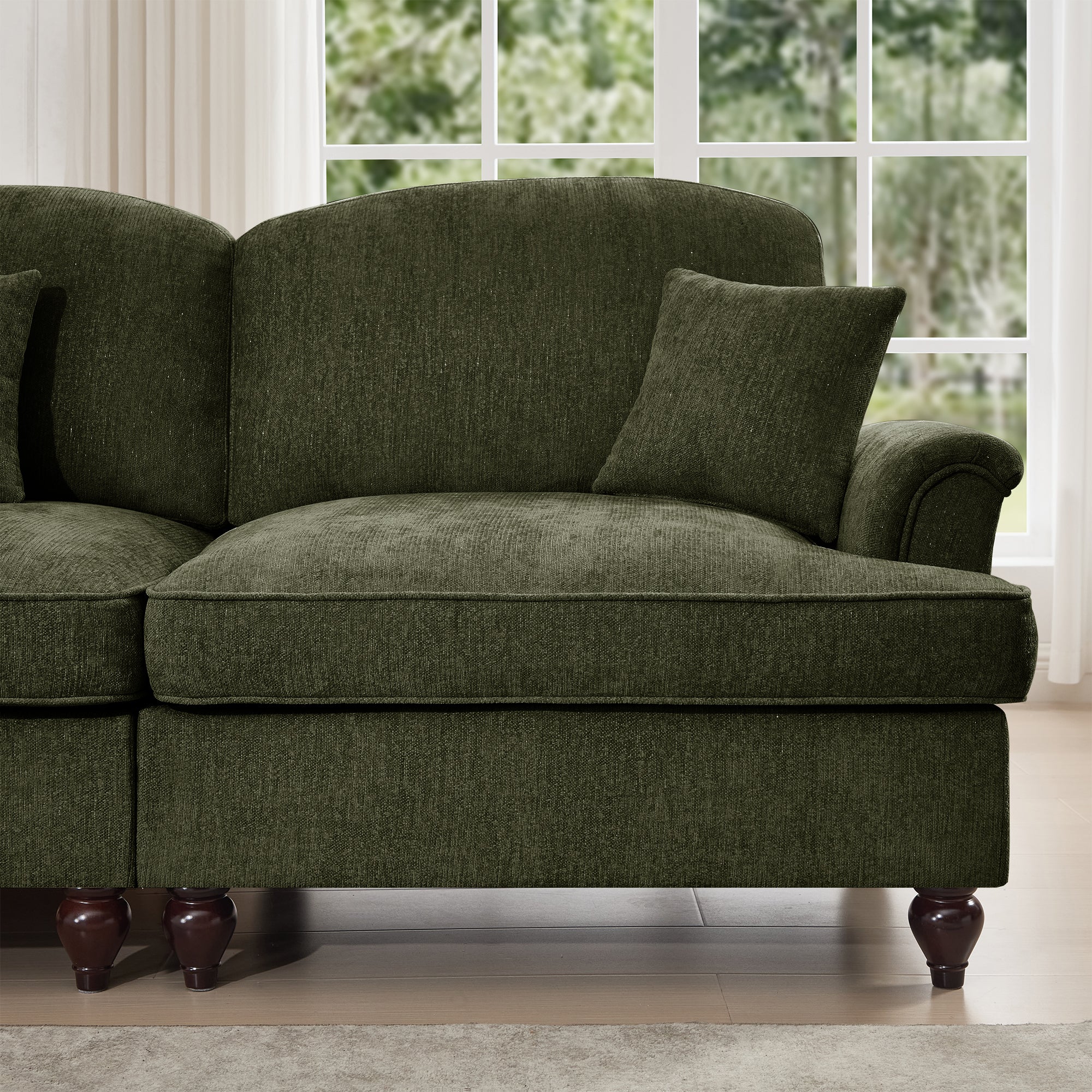 Classic Comfy Modular U Shape Sectional Sofa Couch with Flared Arms and Removable Ruffles Pleats Skirts and Spindle Legs, Upholstered Chenille Deep Seat Cloud Sofa with Movable Ottomans,Green