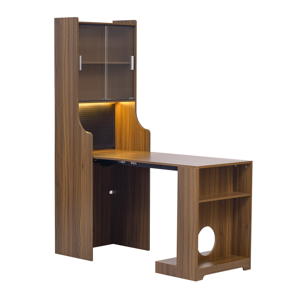 Modern Wooden Foldable Desk with Hutch & Storage, Home Office Pet-friendly Gaming Desk with Shelves, Space-Saving Workstation with Free Cat Bed & Scratching Post