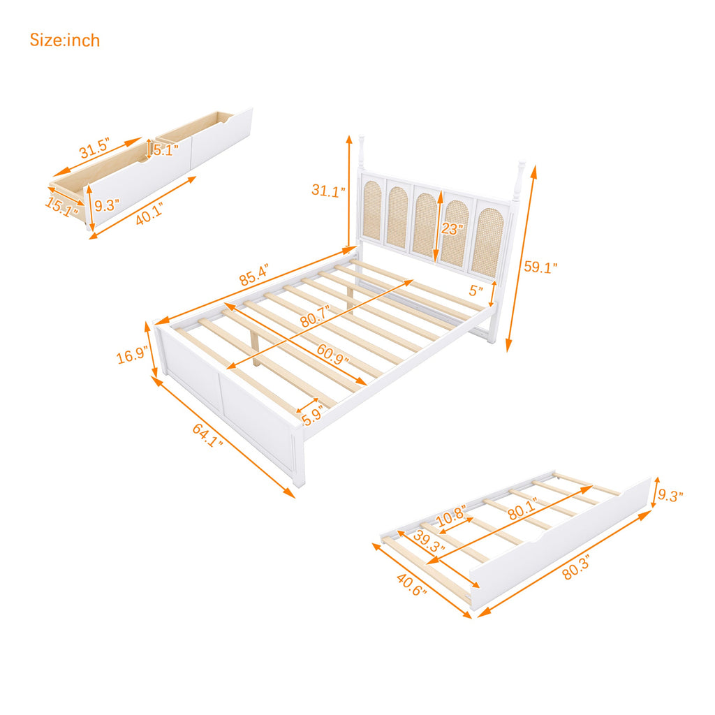 Queen Size Rattan Platform Bed With with 2 Big Drawers, T Size Trundle, White