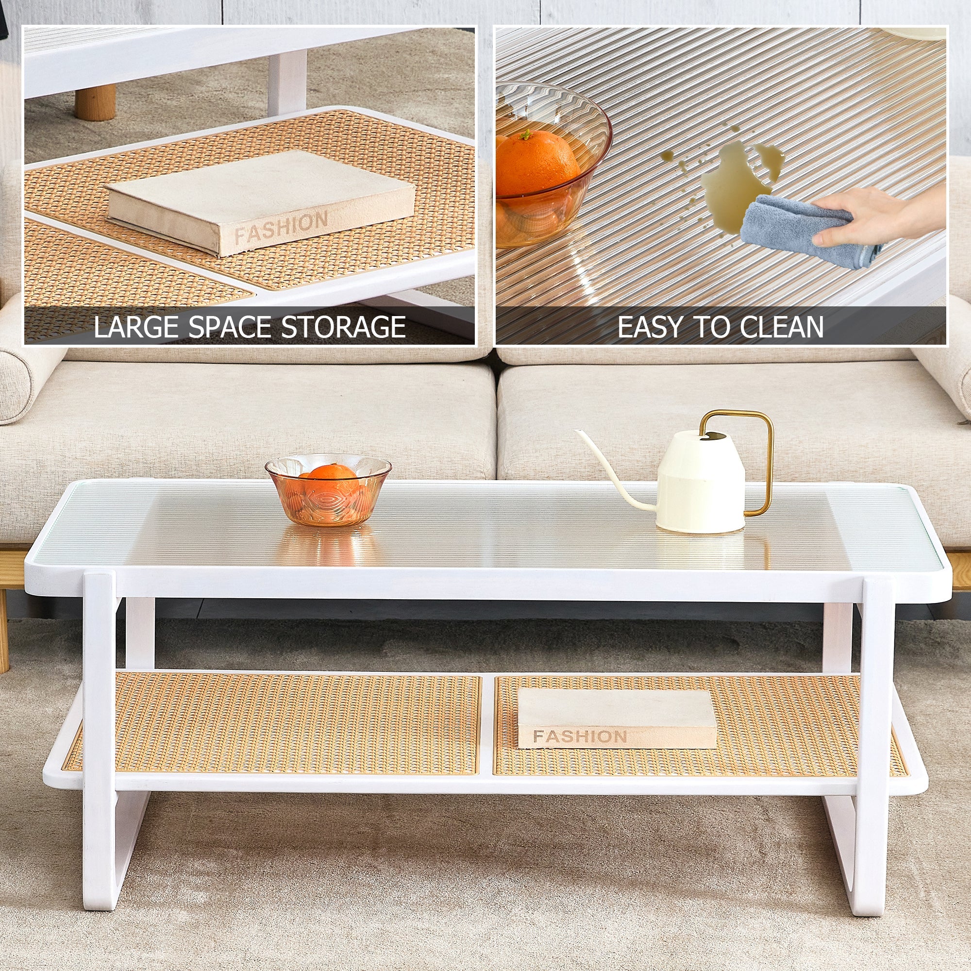 Modern minimalist white double layered solid wood coffee table. Glass tabletop, imitation rattan  edge table. Rectangular table suitable for living room, dining room, and bedroom