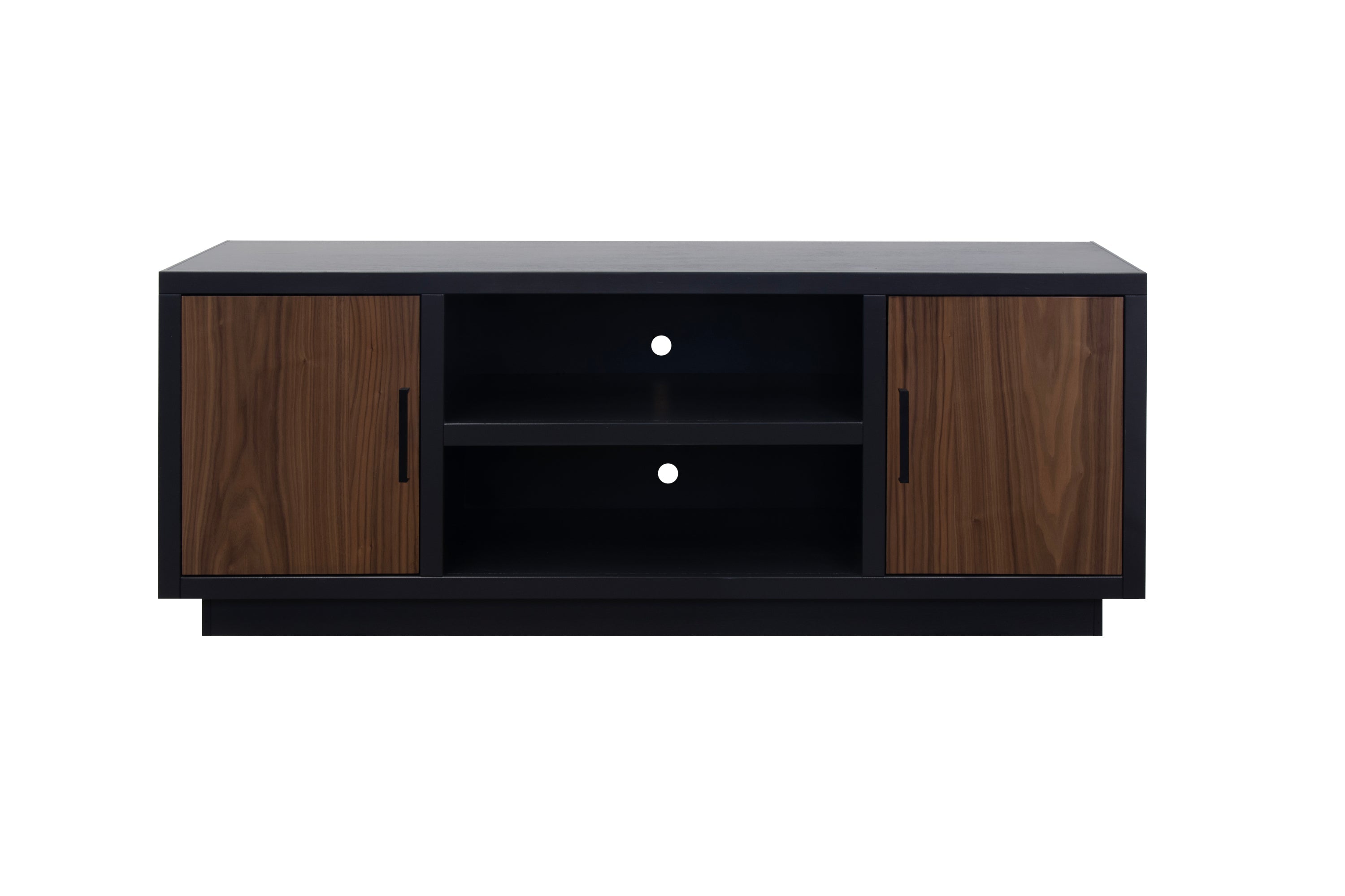 Aria 66 inch TV Stand for TVs up to 80 inches, No Assembly Required, Black and Walnut Finish