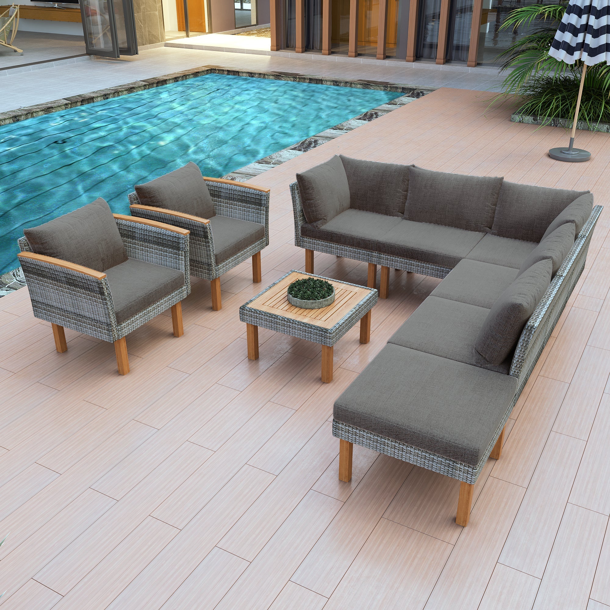 GO 9-Piece Patio Rattan Furniture Set, Outdoor Conversation Set With Acacia Wood Legs and Tabletop, PE Rattan Sectional Sofa Set with Coffee Table, Washable Cushion, Gray