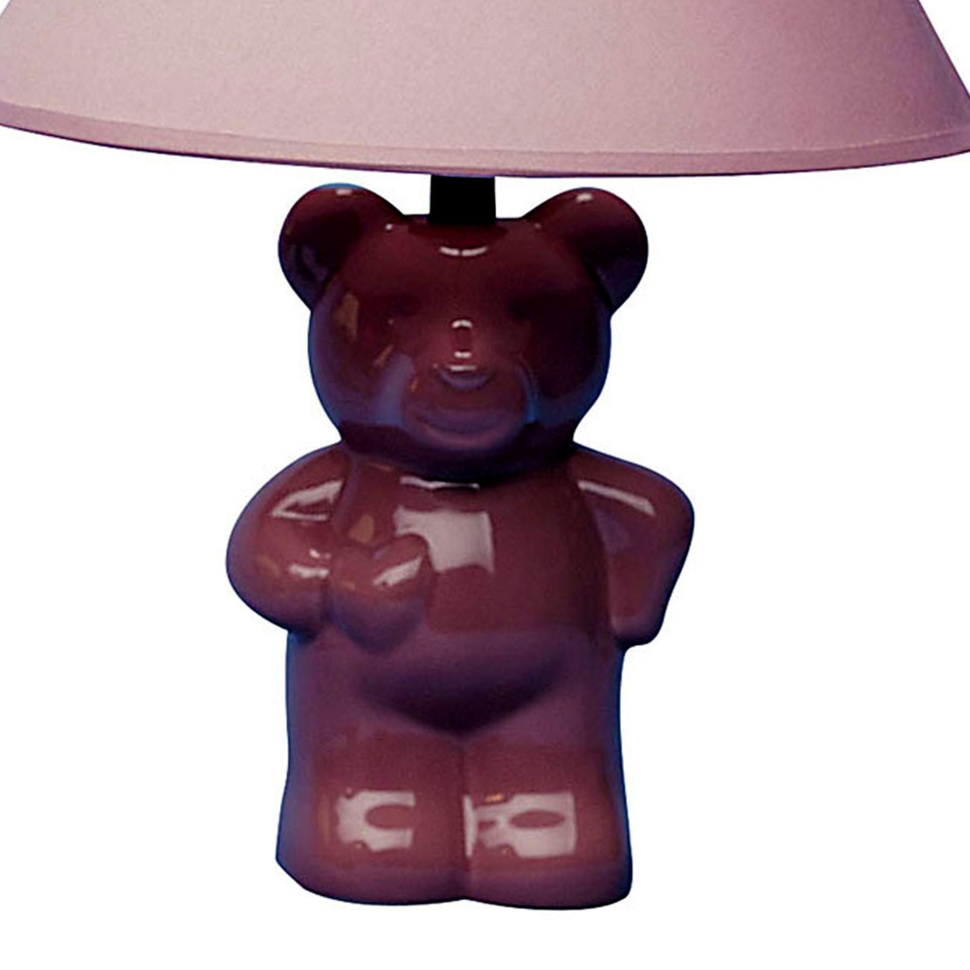 13' Tall Ceramic Table Lamp, Teddy Bear design with Pink finish, Linen Shade