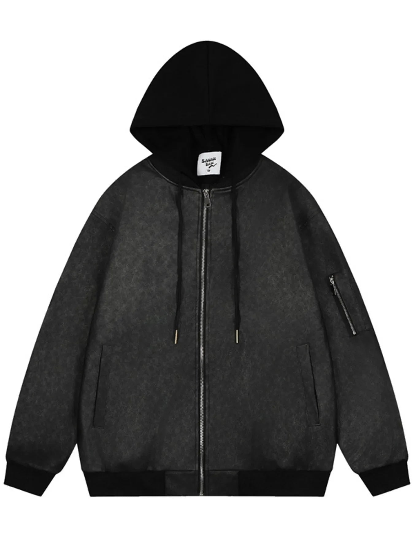 Drawstring Washed Zip Up Hooded Jacket