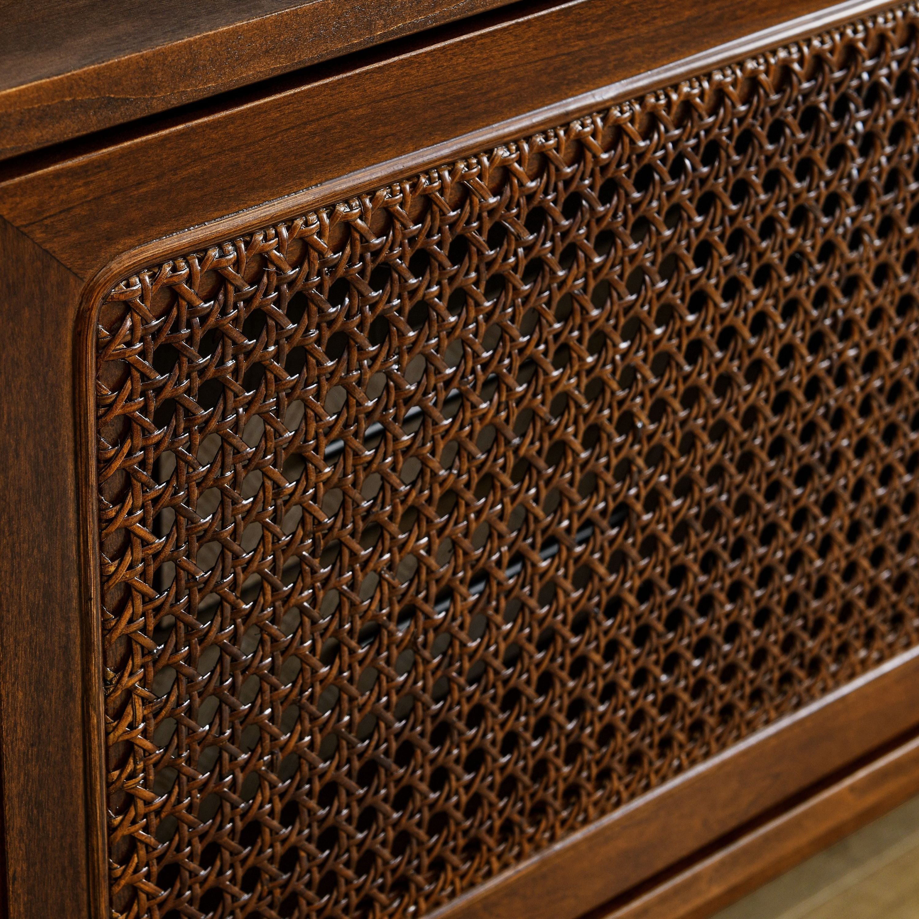 59 Inch Mid Century Modern Rattan TV Stand for 65 Inch TV, Entertainment Cabinet, Media Console for Living Room Bedroom Media Room, Solid Wood Feet & Rattan Cabinet Doors - Dark Wood