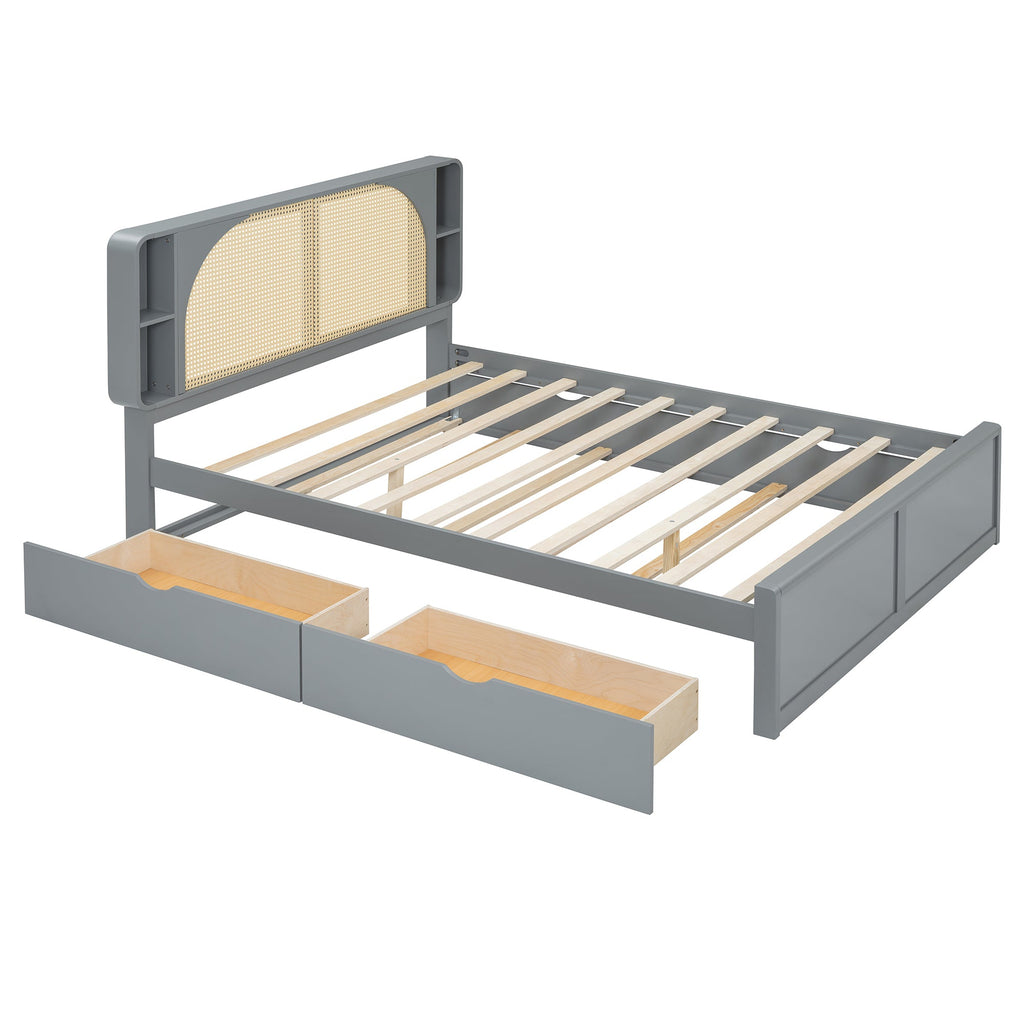 Queen Size Rattan Headboard Bed with Two Drawers and Trundle, Gray