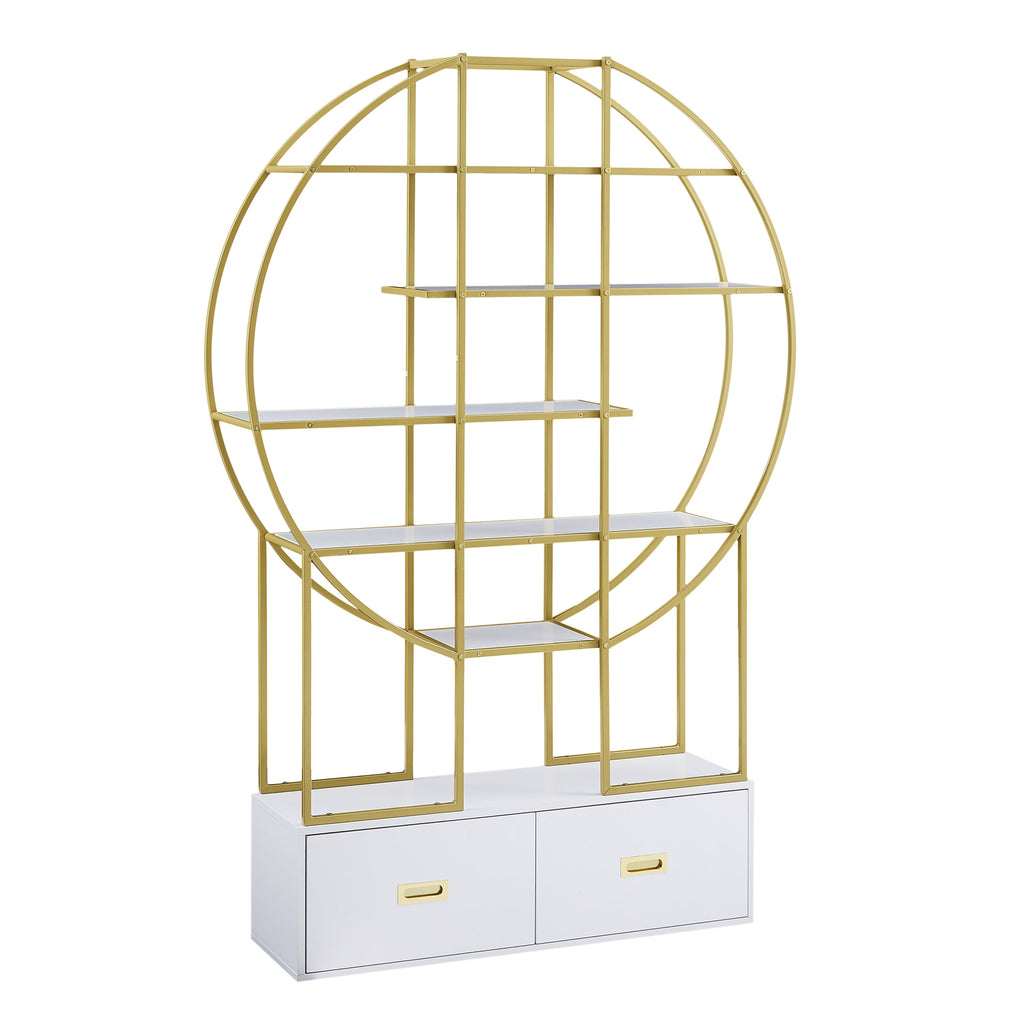 70.8 Inch Round Office Bookcase Bookshelf, Display Shelf, Two Drawers, Gold Frame