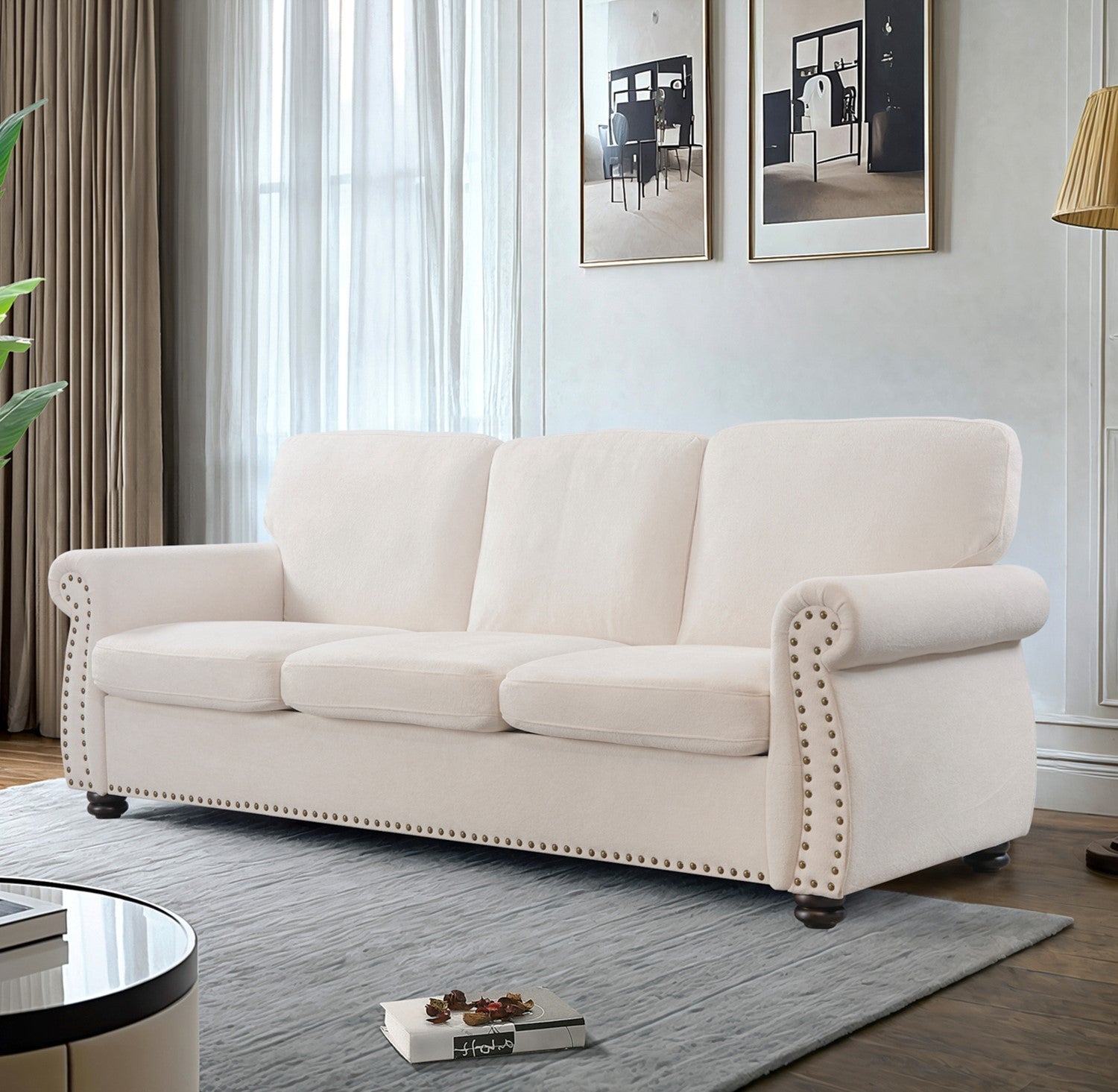 Soft Velvet Sofa, Upholstered 3 Seater Couch with High-Density Foam, Loose Back Cushions and Solid Wood Turned Legs, Chic Living Room Furniture for Home, Apartment and Office, Ivory