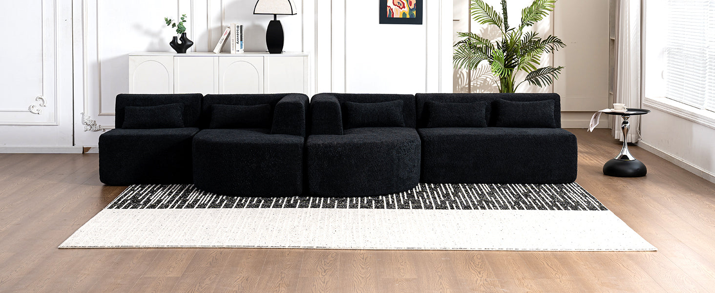 144' Upholstered Sofa Free-combined Sofa Couch with Two Chaise Lounge and Five Back Pillows for Living Room(Old SKU: N719S001600B), Black