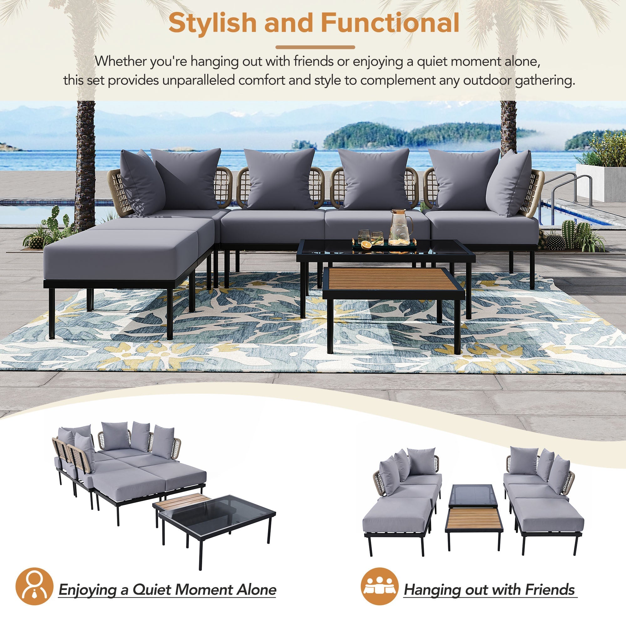 TREXM 8-Piece Patio Sectional Sofa Set with Tempered Glass Coffee Table and Wooden Coffee Table for Outdoor Oasis, Garden, Patio and Poolside (Light Grey Cushion + Black Steel)
