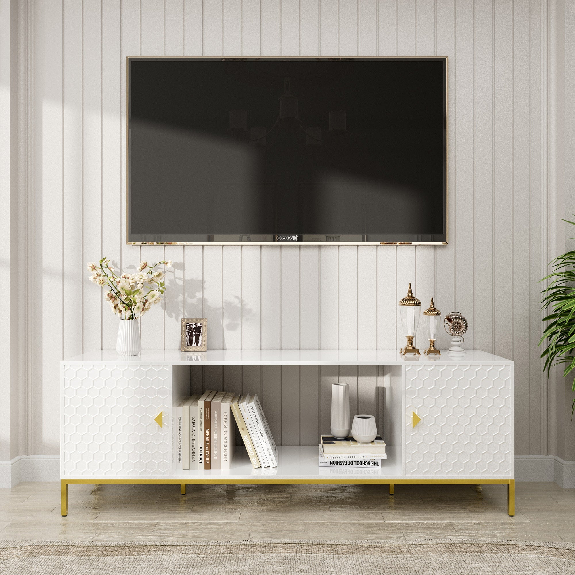 70 Inch TV Stand, Heavy Duty Wood Media Entertainment Center Console with Cabinet Storage & Open Shelves for Living Room, Modern Design (White)