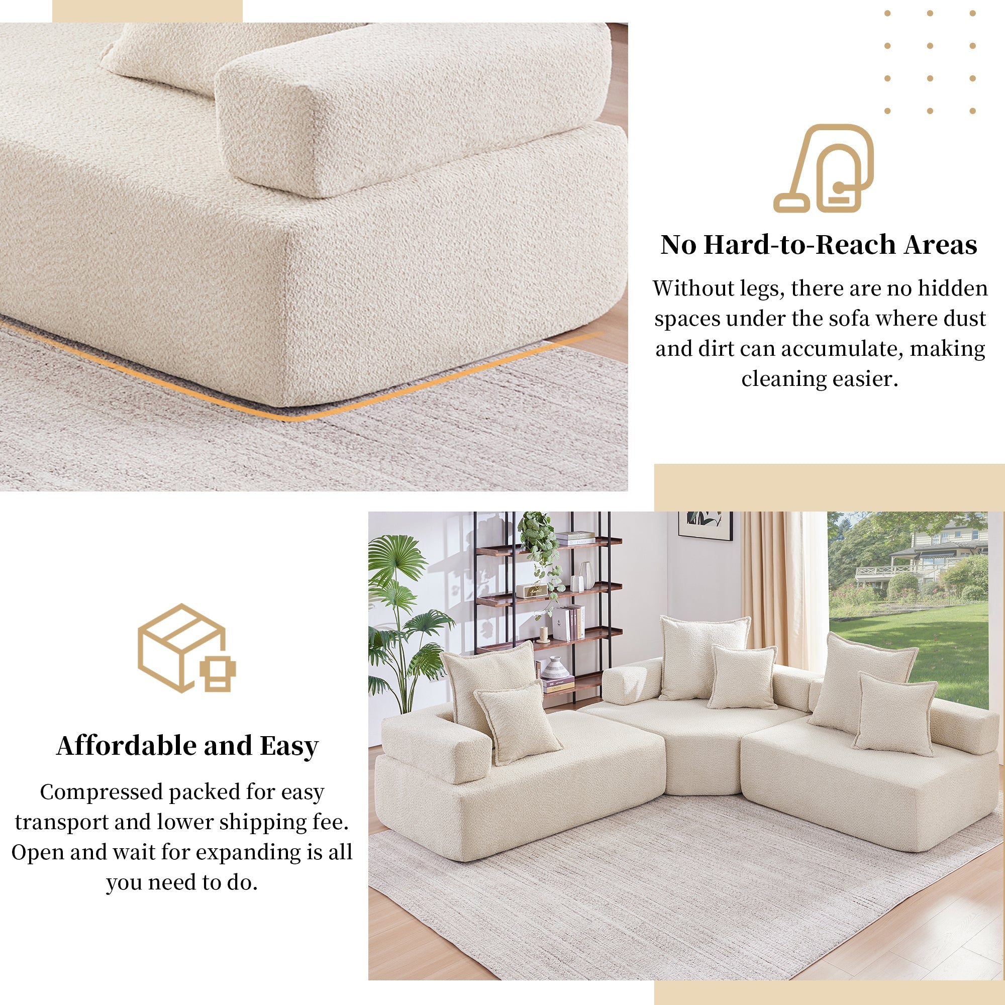 Oversized Modular L Shaped Sectional Sofa,Luxury Boucle Floor Couch Set,Convertible Compressed Couch,Spacious Foam-Filled Sofa for Living Room,3 PC Free Combination,2 Colors