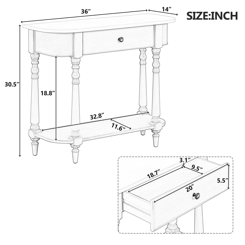 TREXM Narrow Console Table with Curved Corner, Retro Entryway Table with Top Drawer and Open Shelf, Sofa Table Console Tables for Entryway, Hallway and Living Room (Gray)