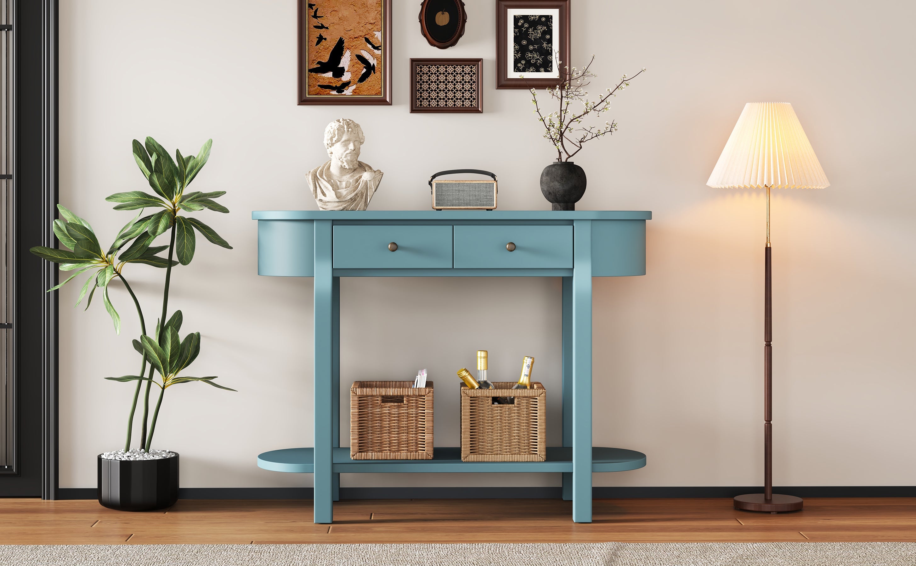 TREXM Elegant Retro Console Table with Curved Design and Smooth Glaze for Entryways, Living Rooms and hallways (Turquoise Green)