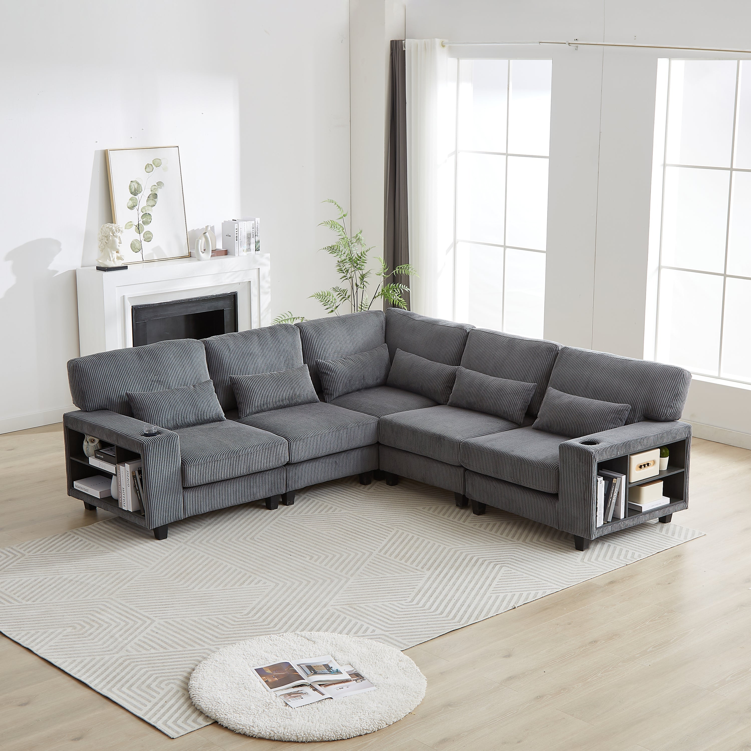 102.75*102.75' L-Shaped Modular Sectional Sofa, Modern Corduroy Sectional Sofa, Arm with Storage With Cup Holder 5-Seat Convertible Sectional Sofa for Living Room, Bedroom, Lounge and Projection Room