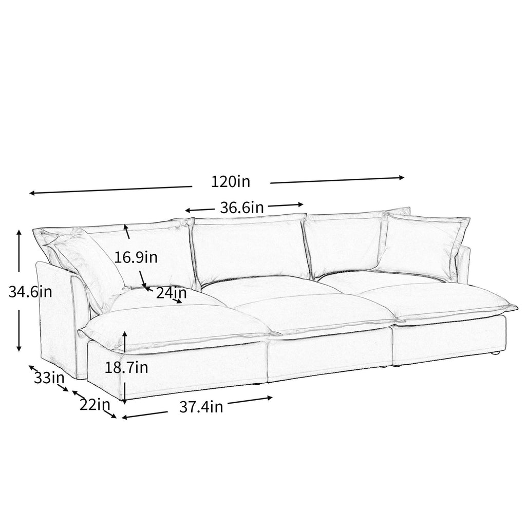 Living Room Sofa Slipcovered Sofa 3 Seater Sofa With 3 Ottomans, Oversized 3-Seat Sleeper Sofa Bed Home Theater Sofa, Chenille, orange