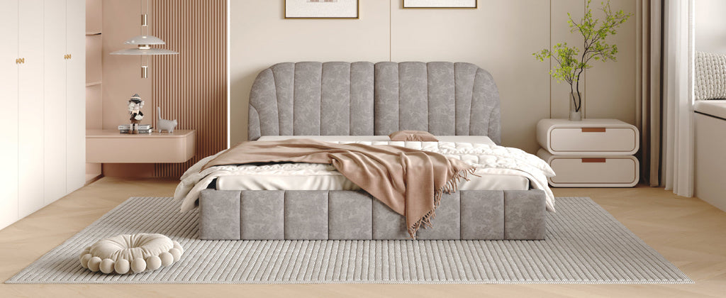 Queen Size Upholstered Platform Bed with Thick Fabric, Polyester, Gray
