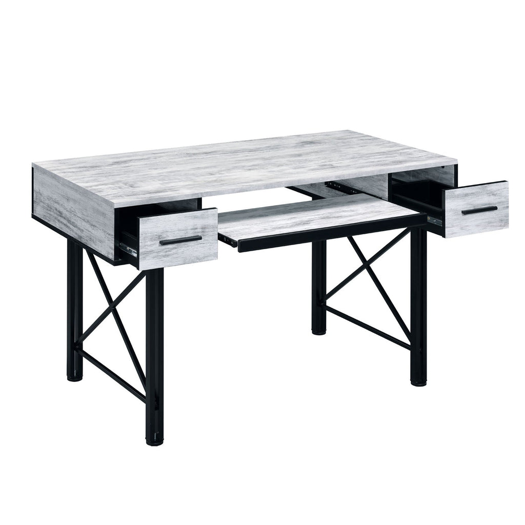 Rectangular Computer Desk with 2 Drawers, Antique White and Black
