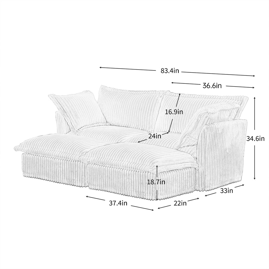 Slipcovered Sofa 2 Seater Sofa    With 2 Ottomans, 2 Seater Sleeper Sofa Bed Home Theater Oversized Sofa For Living Room, Corduroy, Gray