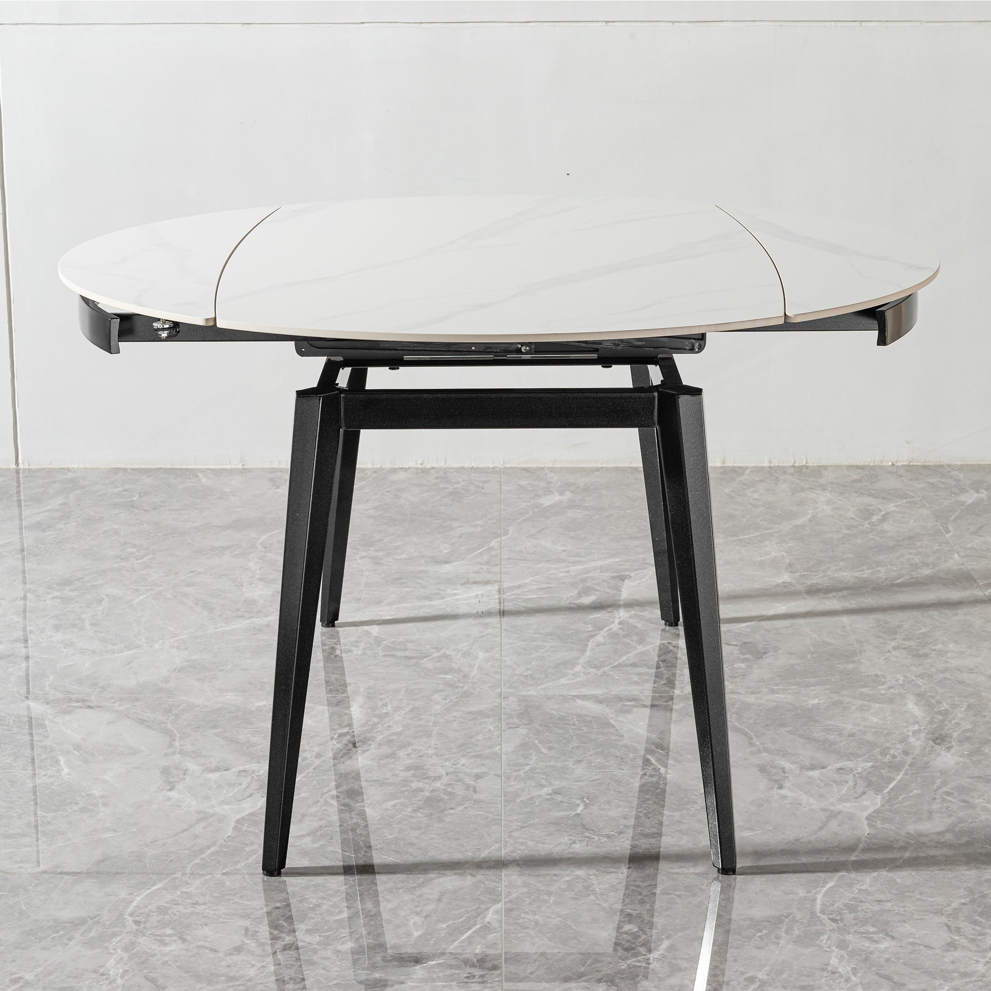 Modern Extendable Round Dining Table with Sintered Stone Top, White & Black, 33.5'' to 51.2''