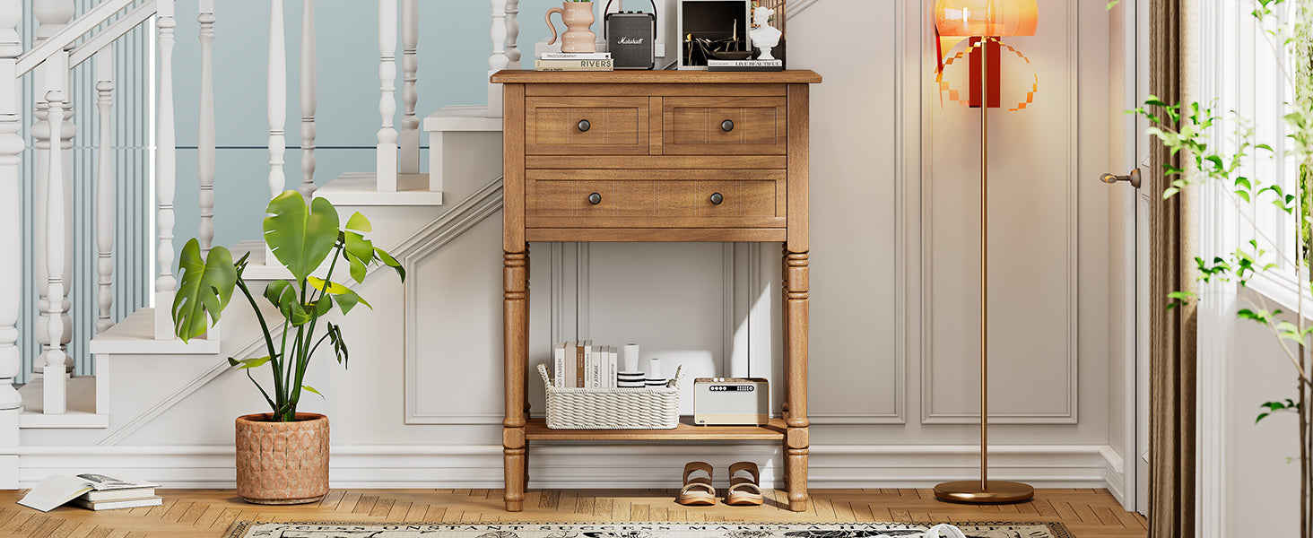 TREXM Narrow Console Table, Slim Sofa Table with Three Storage Drawers and Bottom Shelf (Natural)