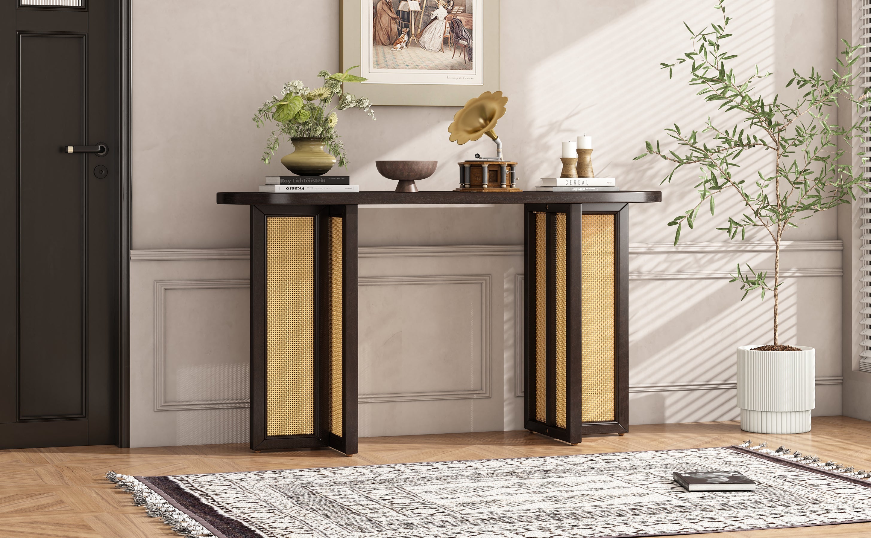 TREXM Farmhouse Rattan Console Table Entryway Table, Narrow Console Table with Storage, Hallway Table for Living Room, Entrance (Espresso)