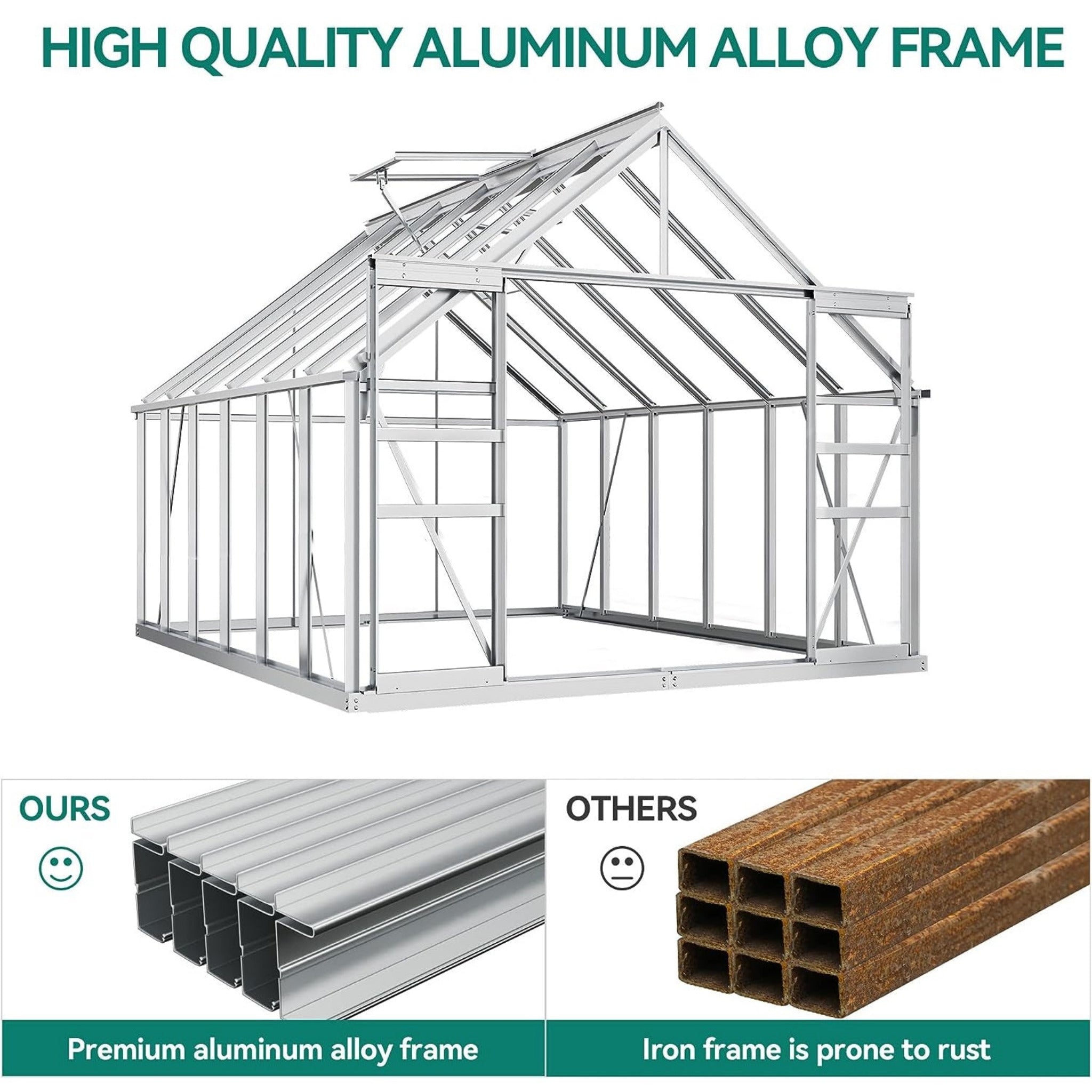 [10x12FT] Extra Large Heavy Duty Polycarbonate Aluminum Greenhouse With Sliding Doors And Vents (92574183)