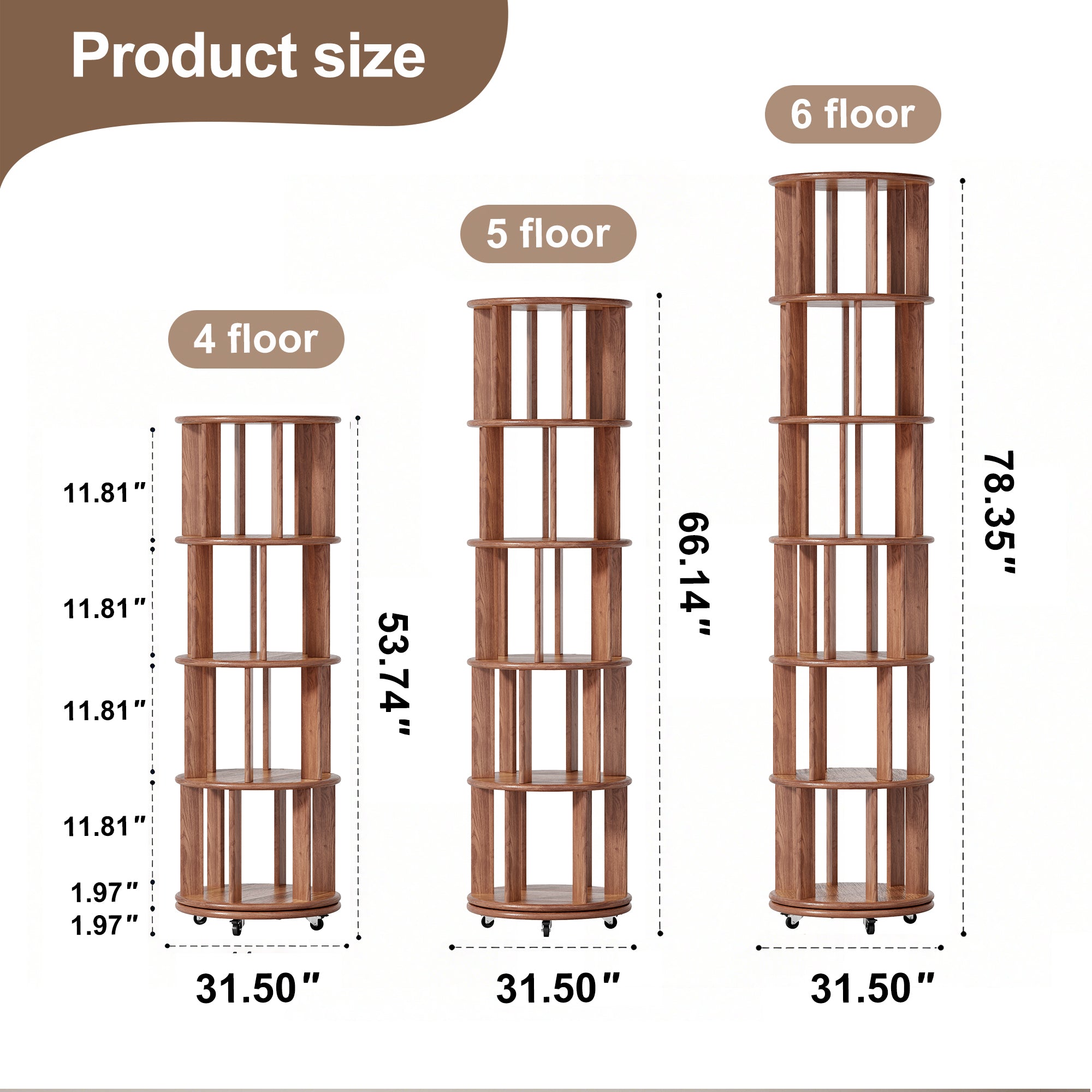 100%Solid Wood Rotating Bookshelf on Wheels, 6 Tier, Round Revolving Bookcase, 360° Spinning Book Shelf Tower for Kids, Narrow Rolling Bookshelves for Small Space, Corner, Bedroom, Office, Walnut