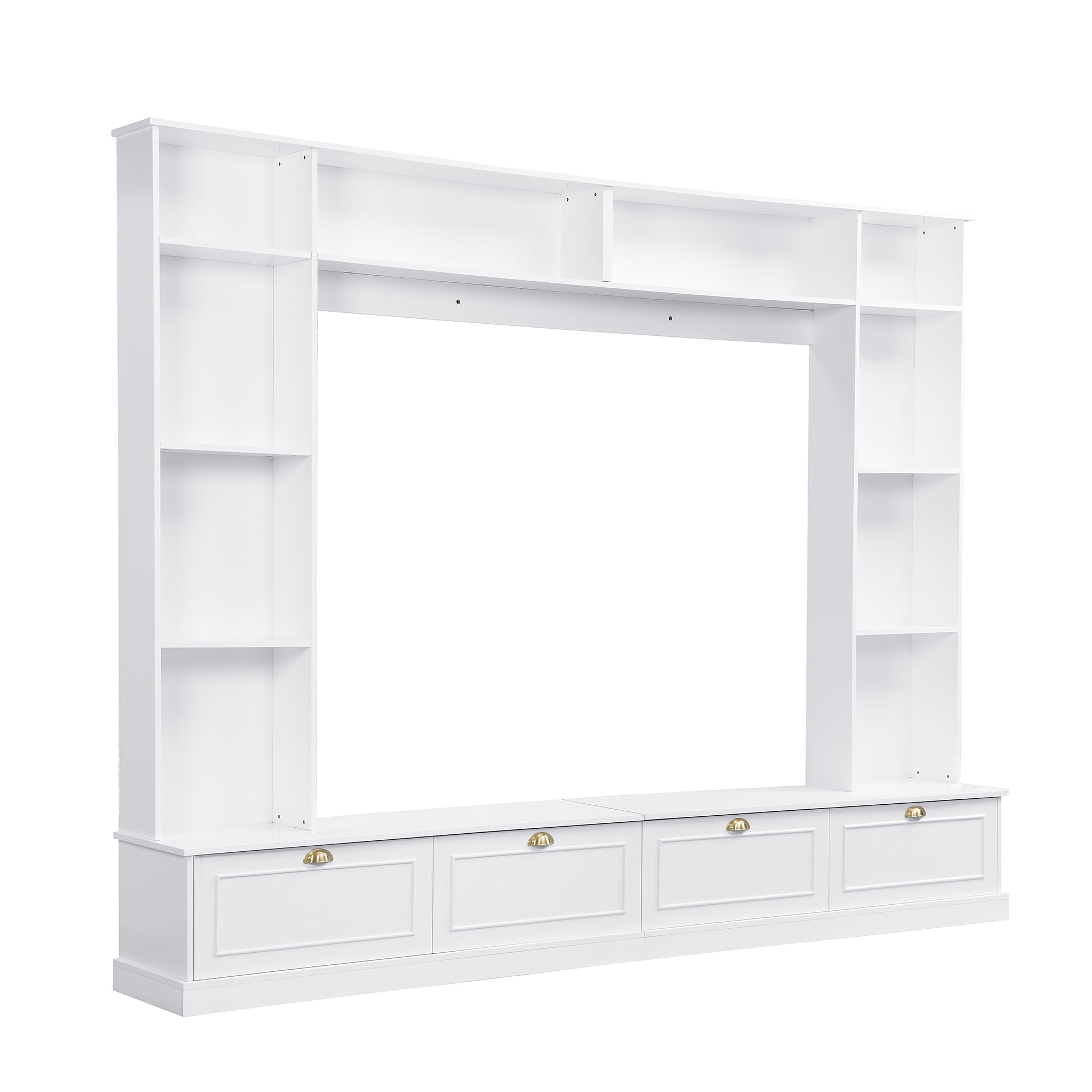 ON-TREND Large Wall Unit Entertainment Center with Bookshelves for TVs Up to 78'', Modern TV Console with Cabinets and Open Shelves, 4-in-1 TV Stand with Golden Handles, White, 104.2''W*81.2''H