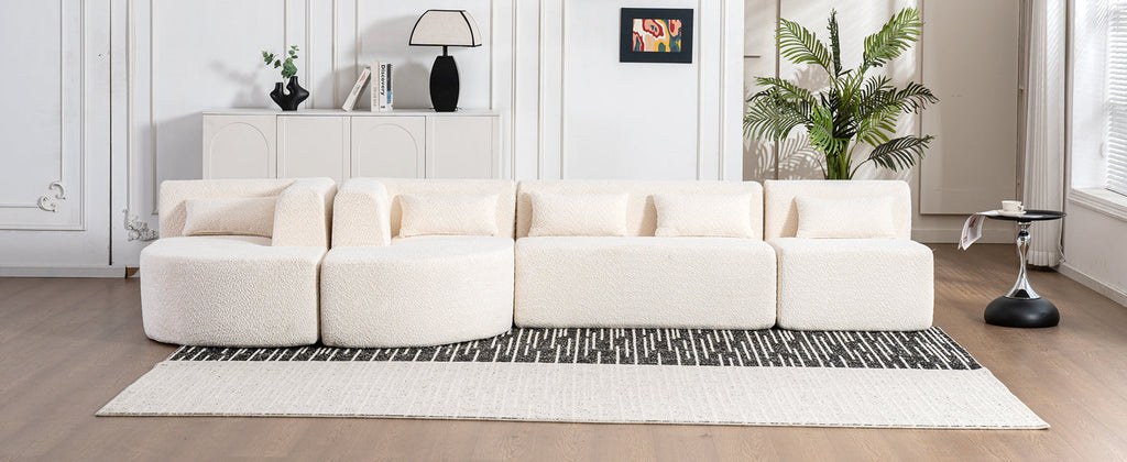 144' Upholstered Sofa Free-combined Sofa Couch with Two Chaise Lounge and Five Back Pillows for Living Room(Old SKU: N719S001600A), Beige