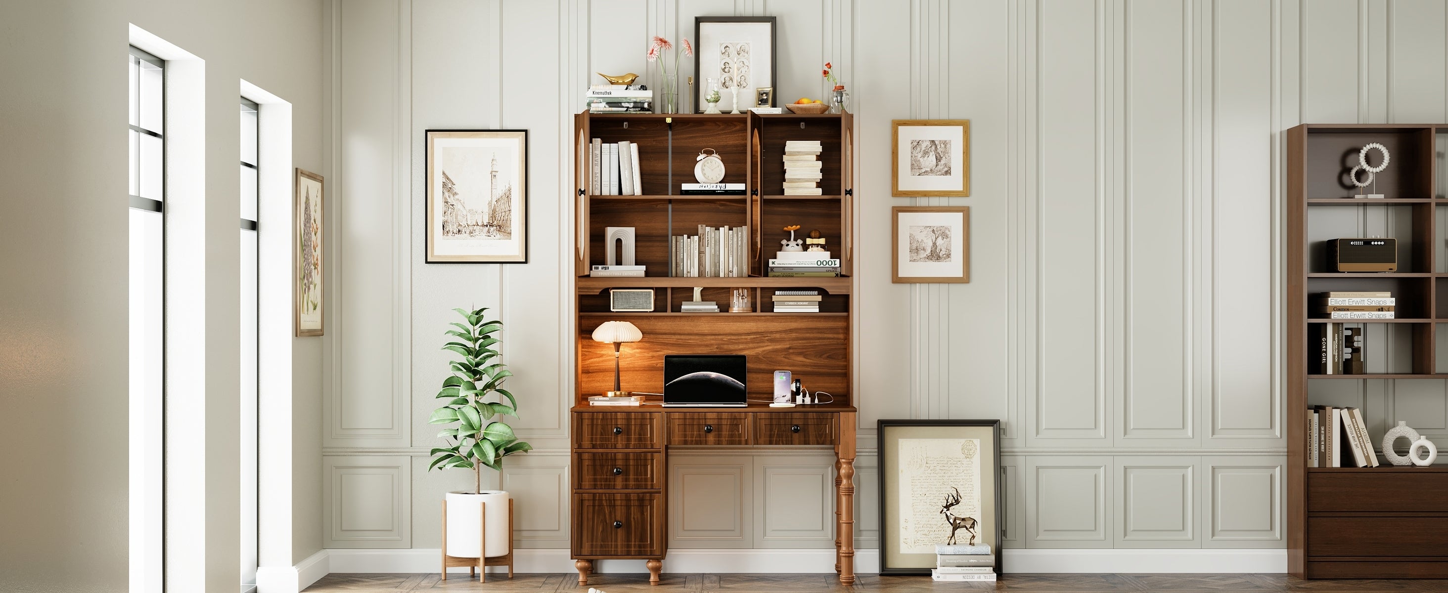 47'' Retro Desk with Charging Ports and Hutch Cabinet, Office Desk with 5 Storage Drawers and Transparent Glass-Door Bookshelf, Executive Computer Desk for Home Office, Bedroom, Walnut