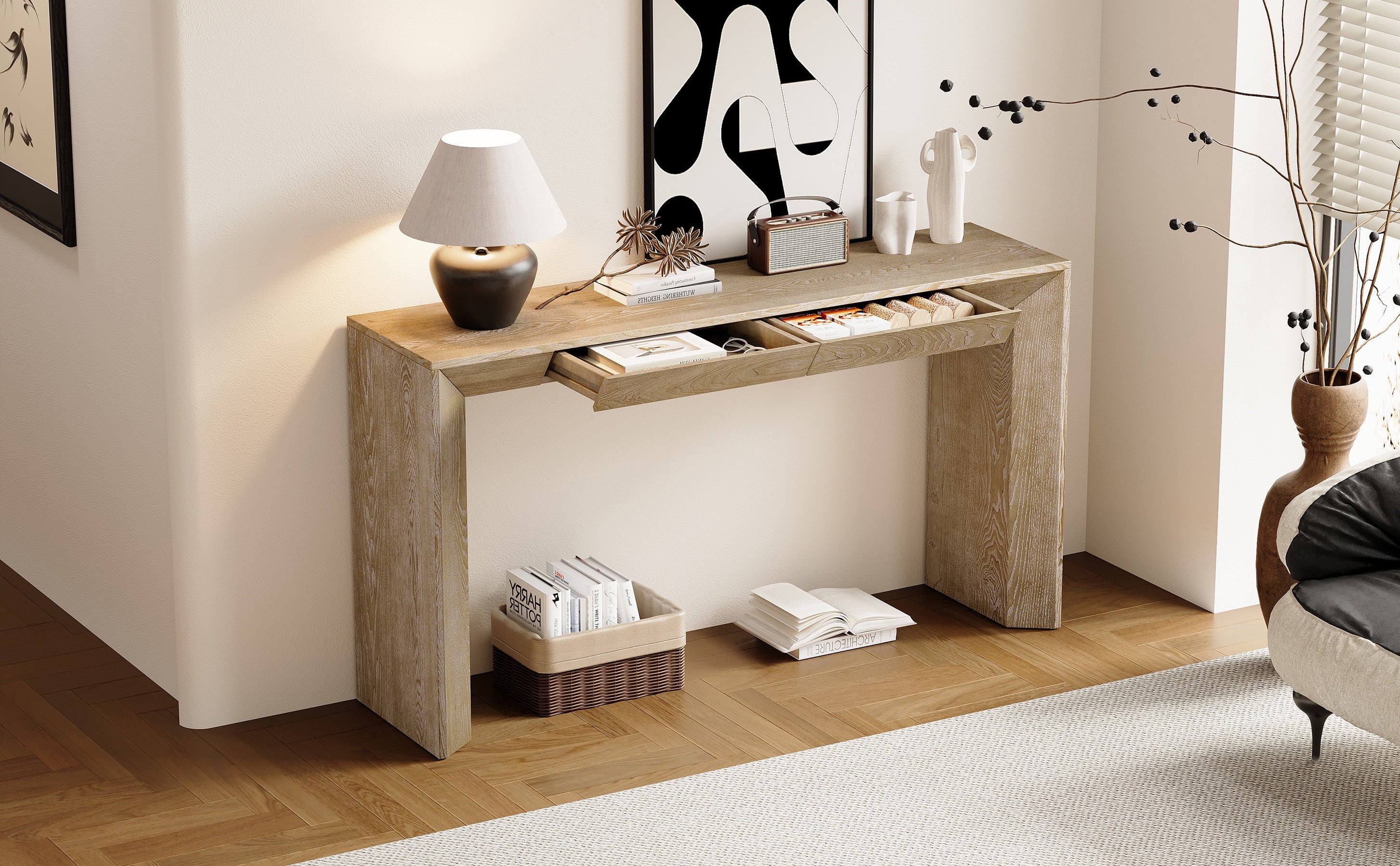 TREXM 60' Modern Farmhouse Console Table with 2 Concealed Drawers, Waterfall Design Entryway Table with Thickened Legs & Rustic Wood Grain for Living Room, Entryway & Hallway (Natural)
