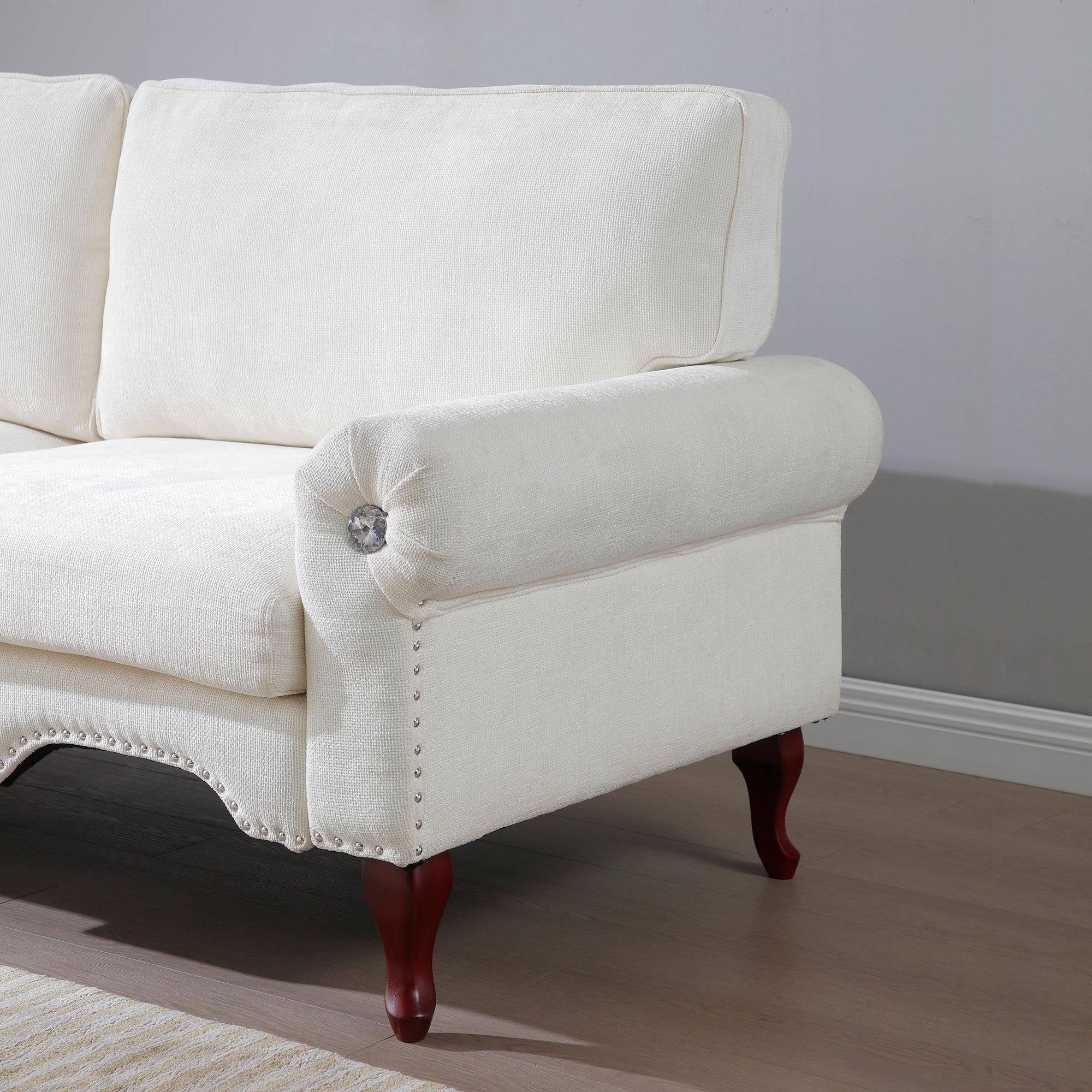80-Inch Modern Velvet 3 seat Sofa with Wooden Legs & Crystal button and Copper Nail, Tufted Backrest, Perfect for Living Room, Bedroom, or Office (Beige)